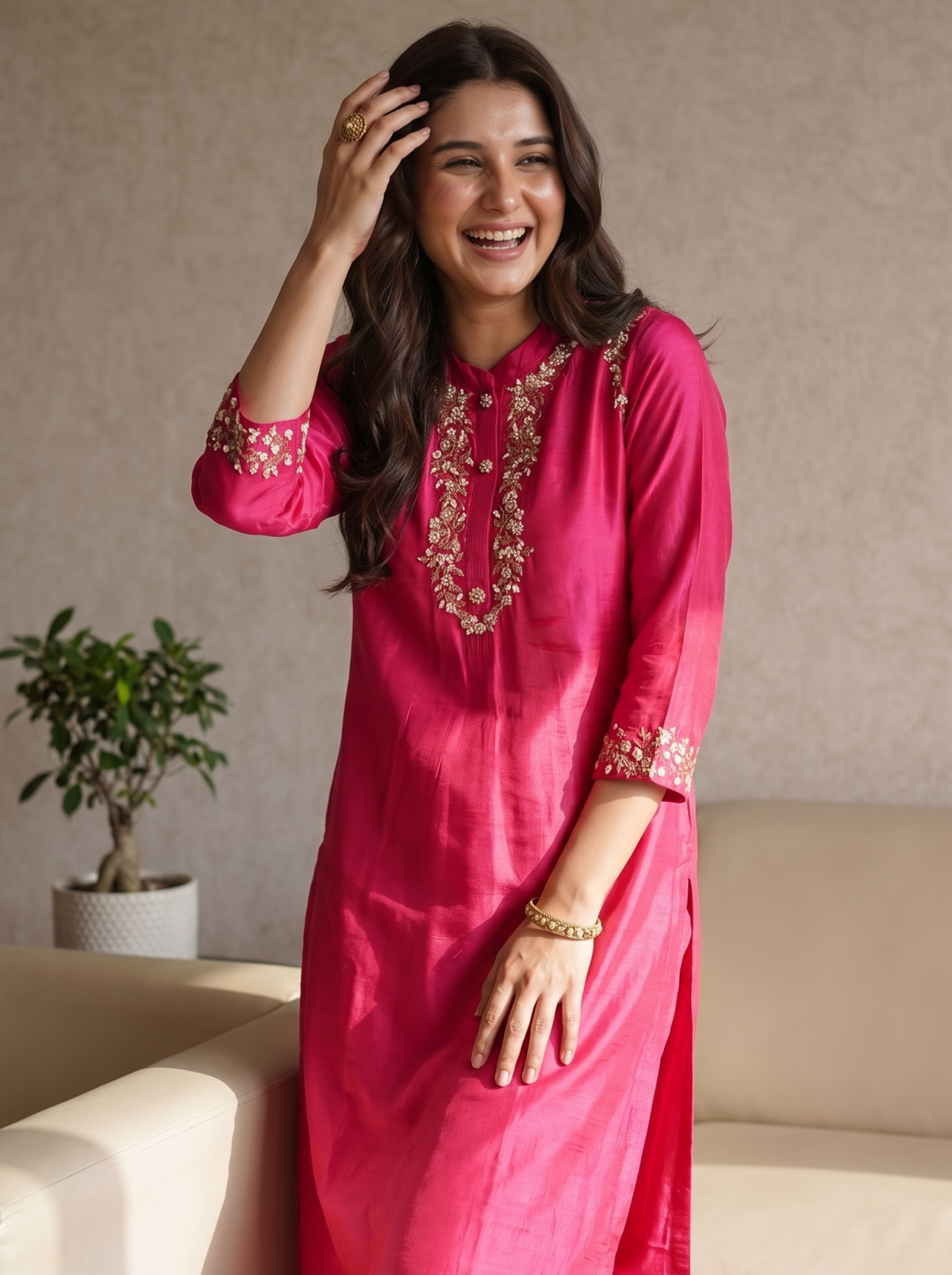 Fuchsia Pink Chanderi Silk Straight Kurta Pant & Dupatta Set with Delicate Hand Embroidery