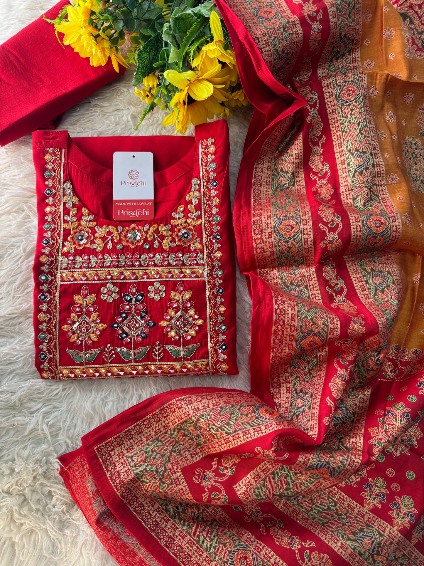 Red embroidered kurta set with dupatta