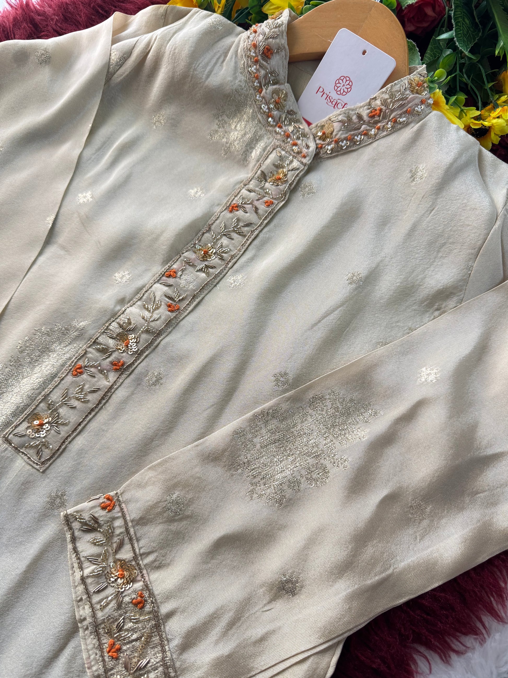 Off White Designer Embroidered Kurta set with dupatta with Pant - Prisachi Official
