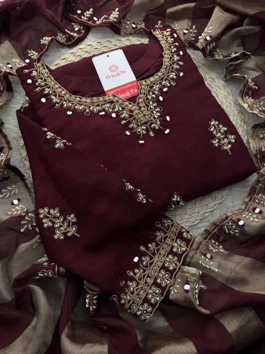 Brown hand embroidered kurta pant with dupatta - Prisachi Official