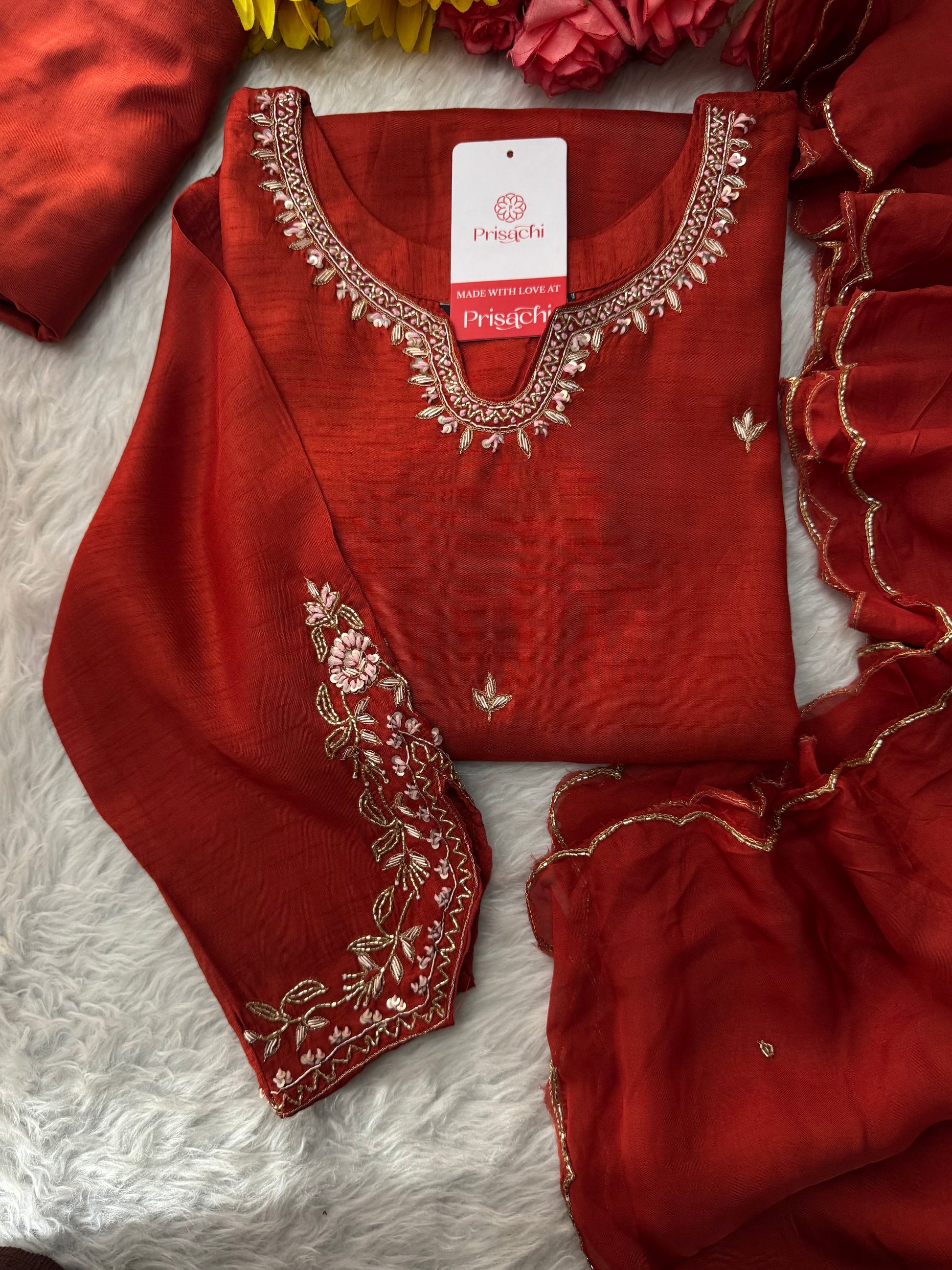 Orange Designer Embroidered Kurta Set with Pants & Dupatta – Ethnic Wear - Prisachi Official