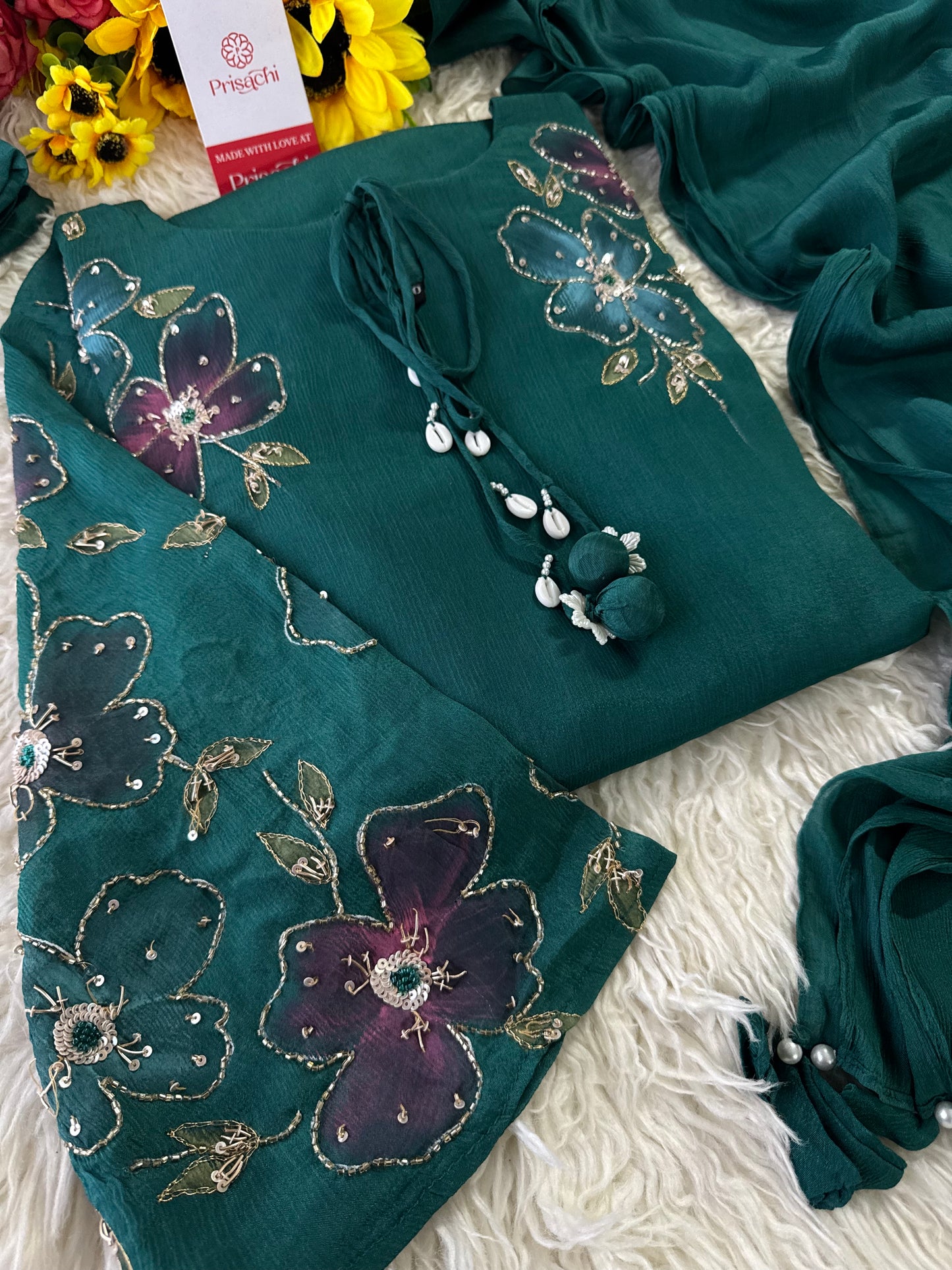 Green hand embroidered A Line kurta pant with dupatta