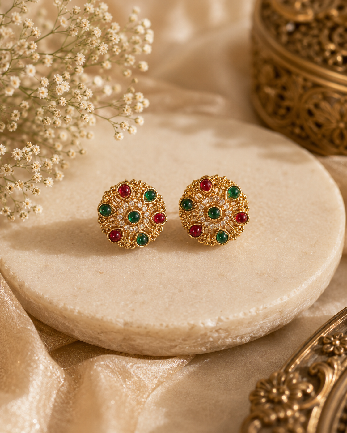 Traditional Gold-Plated Flower Kundan Stud Earrings for women