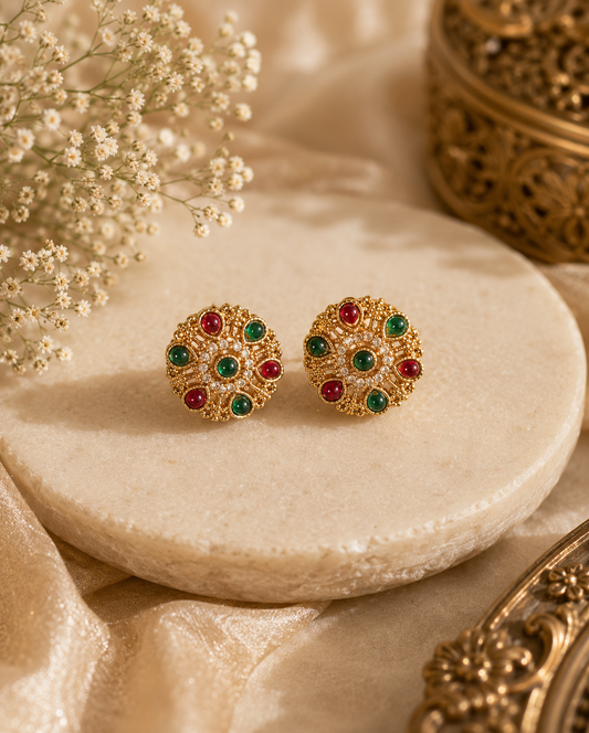 Ethnic Gold-Plated Red & Green Kundan Stud Earrings