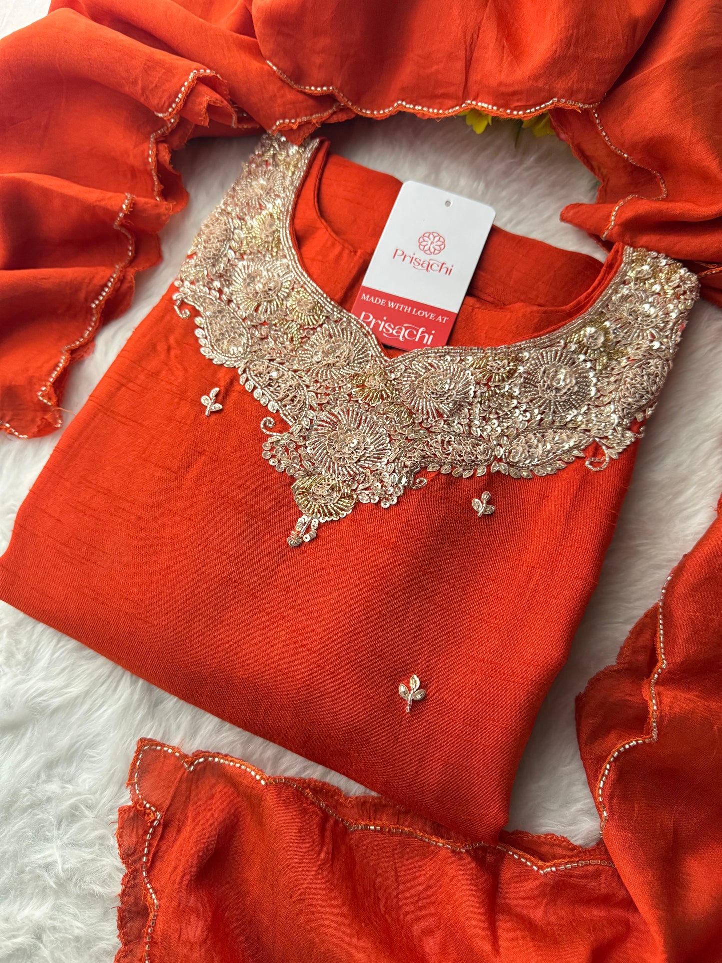Red Embroidered kurta Pant with dupatta - Prisachi Official