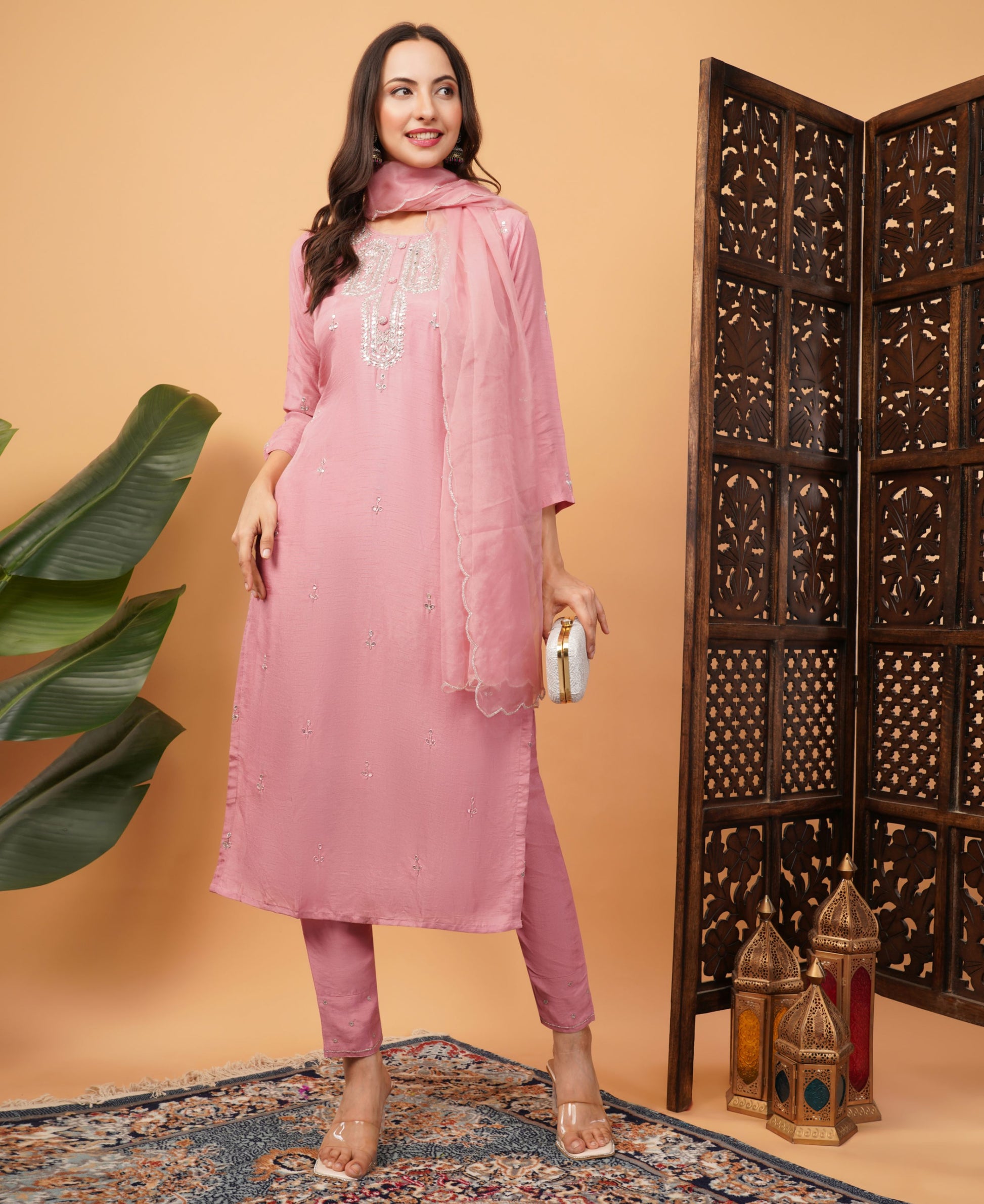 Pink embroidered kurta set with dupatta - Prisachi Official
