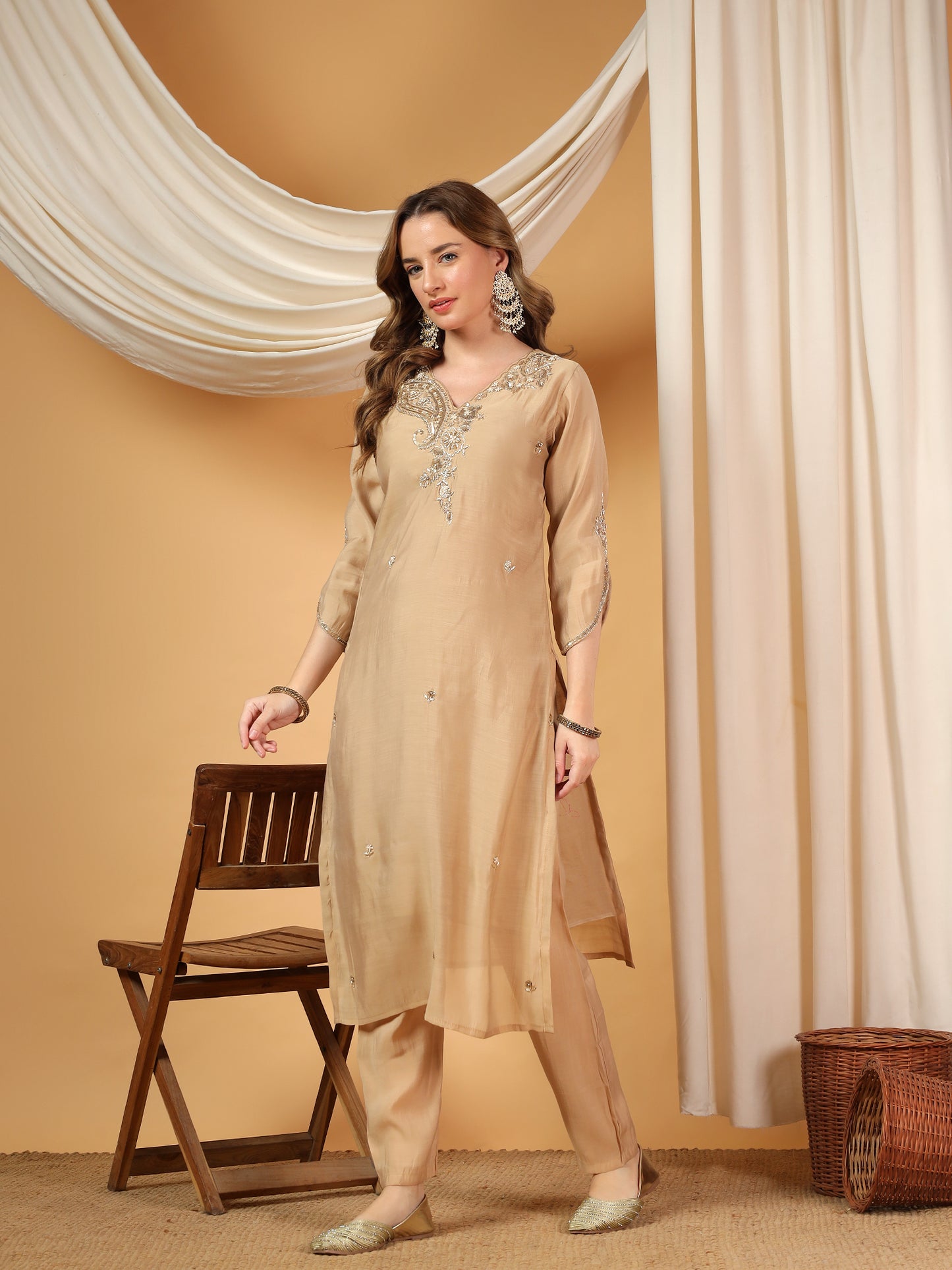 Beige Designer Embroidered kurta set with pant with dupatta