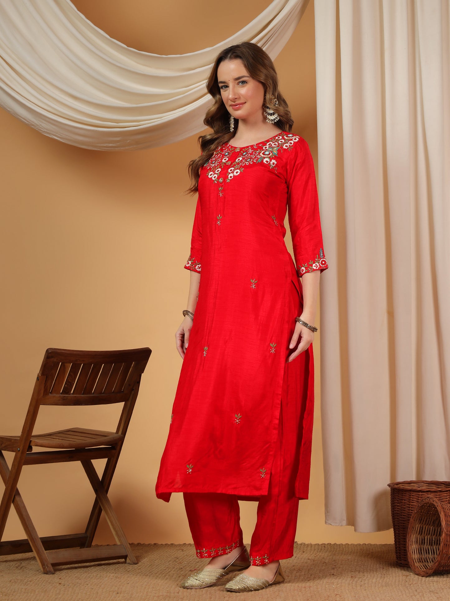 Red Designer Embroidered kurta set with pant & dupatta - Prisachi Official
