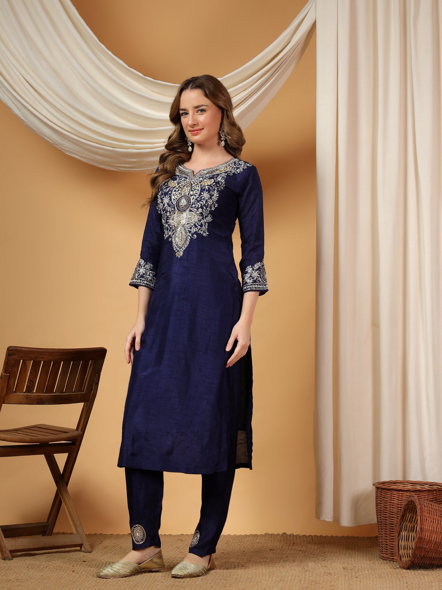 Blue Designer Embroidered Kurta set with dupatta & Pant