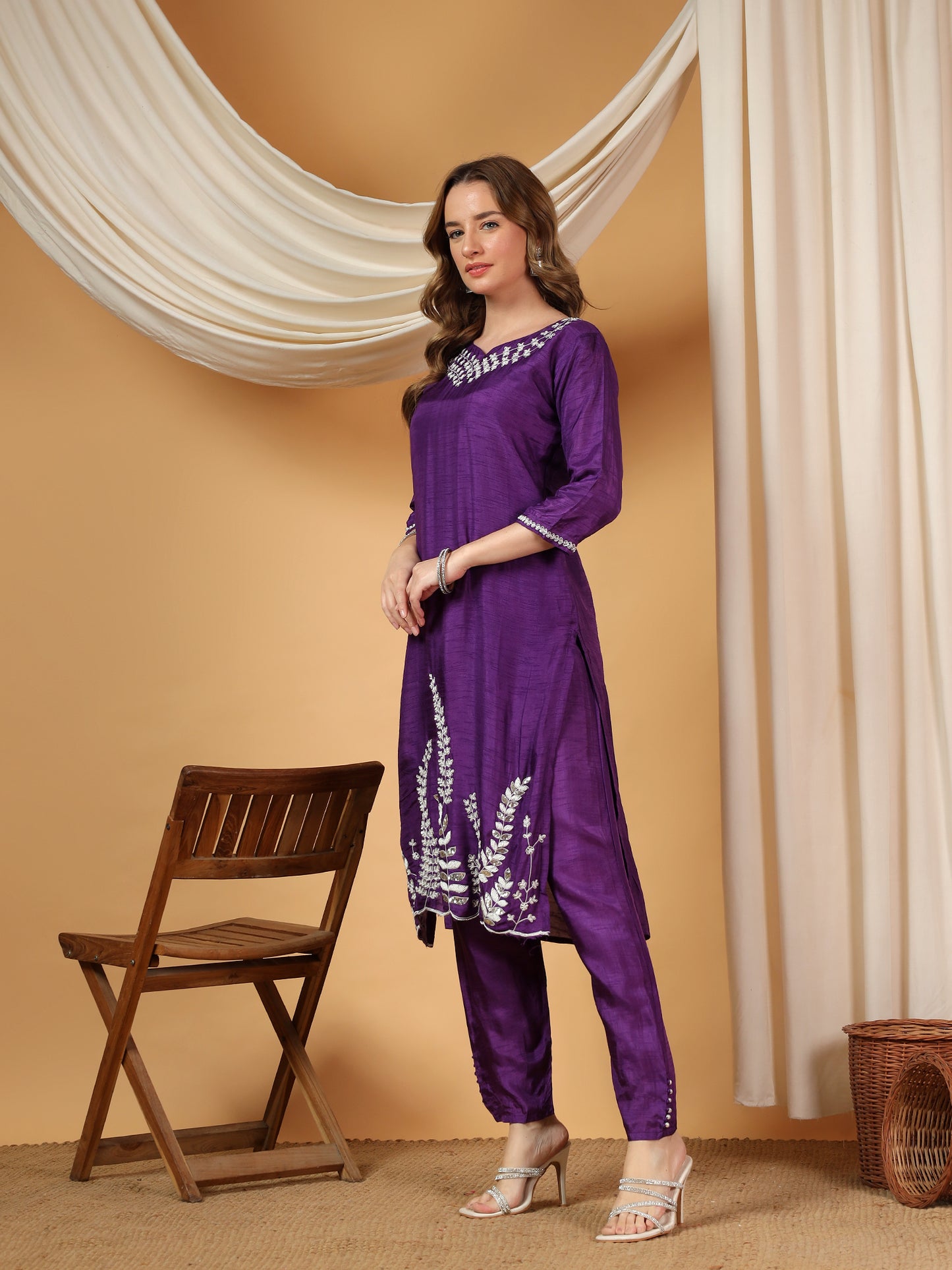 Purple Designer Embroidered Kurta set with dupatta & Pant
