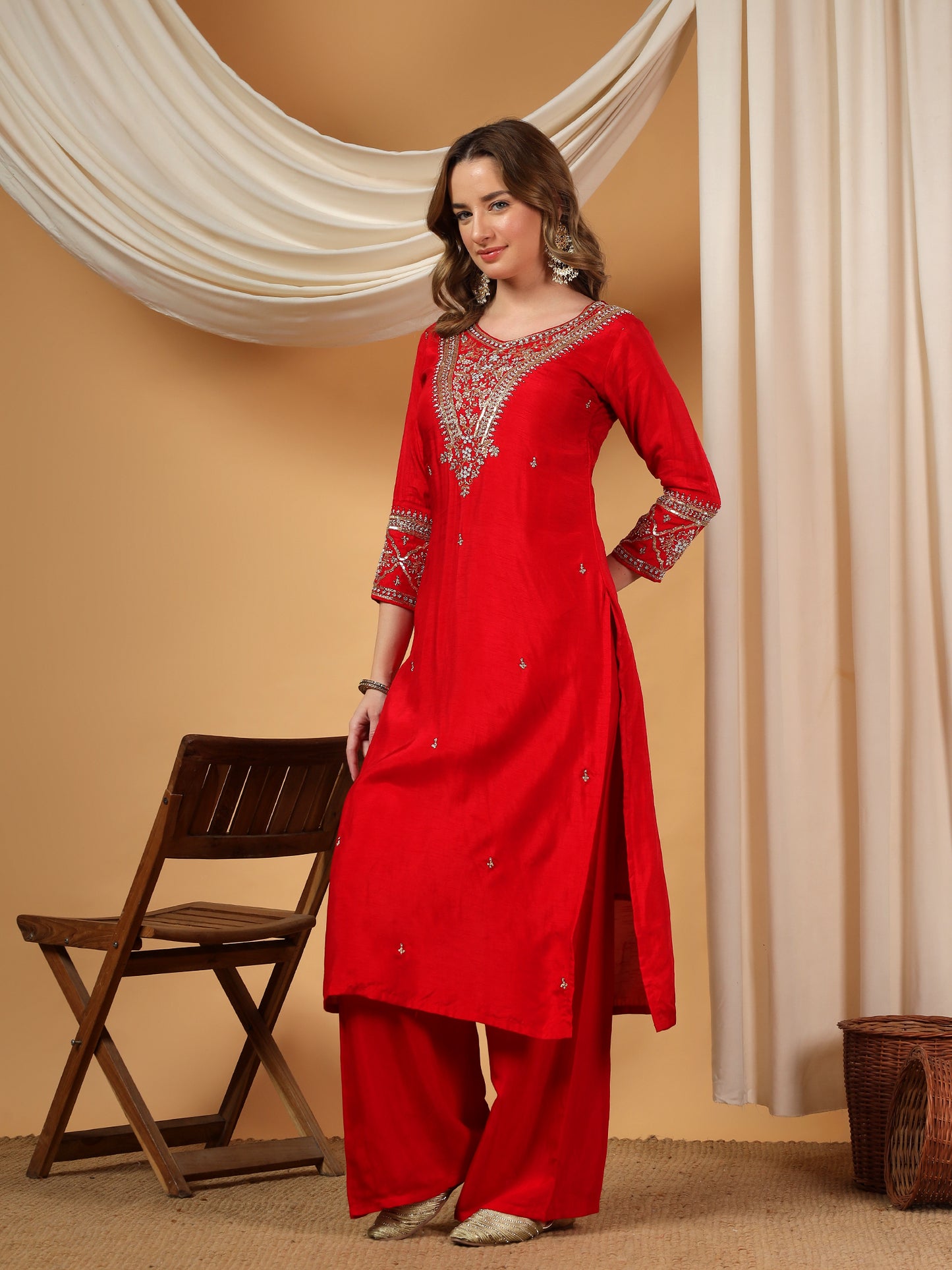 Red Designer Embroidered Kurta set with Banarasi dupatta with Pant - Prisachi Official
