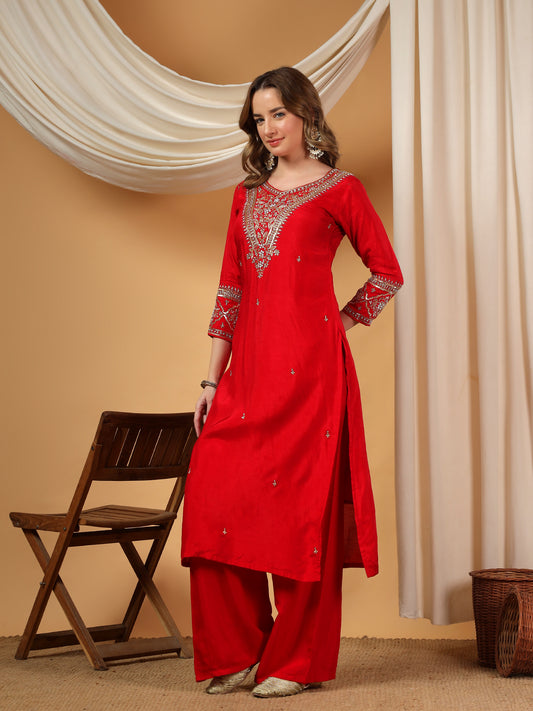 Red Designer Embroidered Kurta set with Banarasi dupatta with Pant