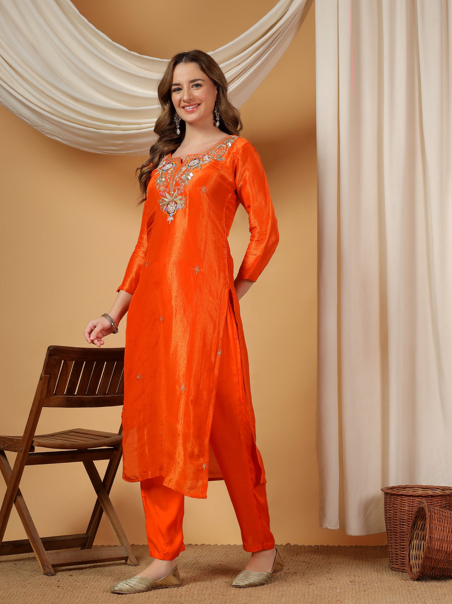 Orange Designer Embroidered Kurta set with dupatta & Pant