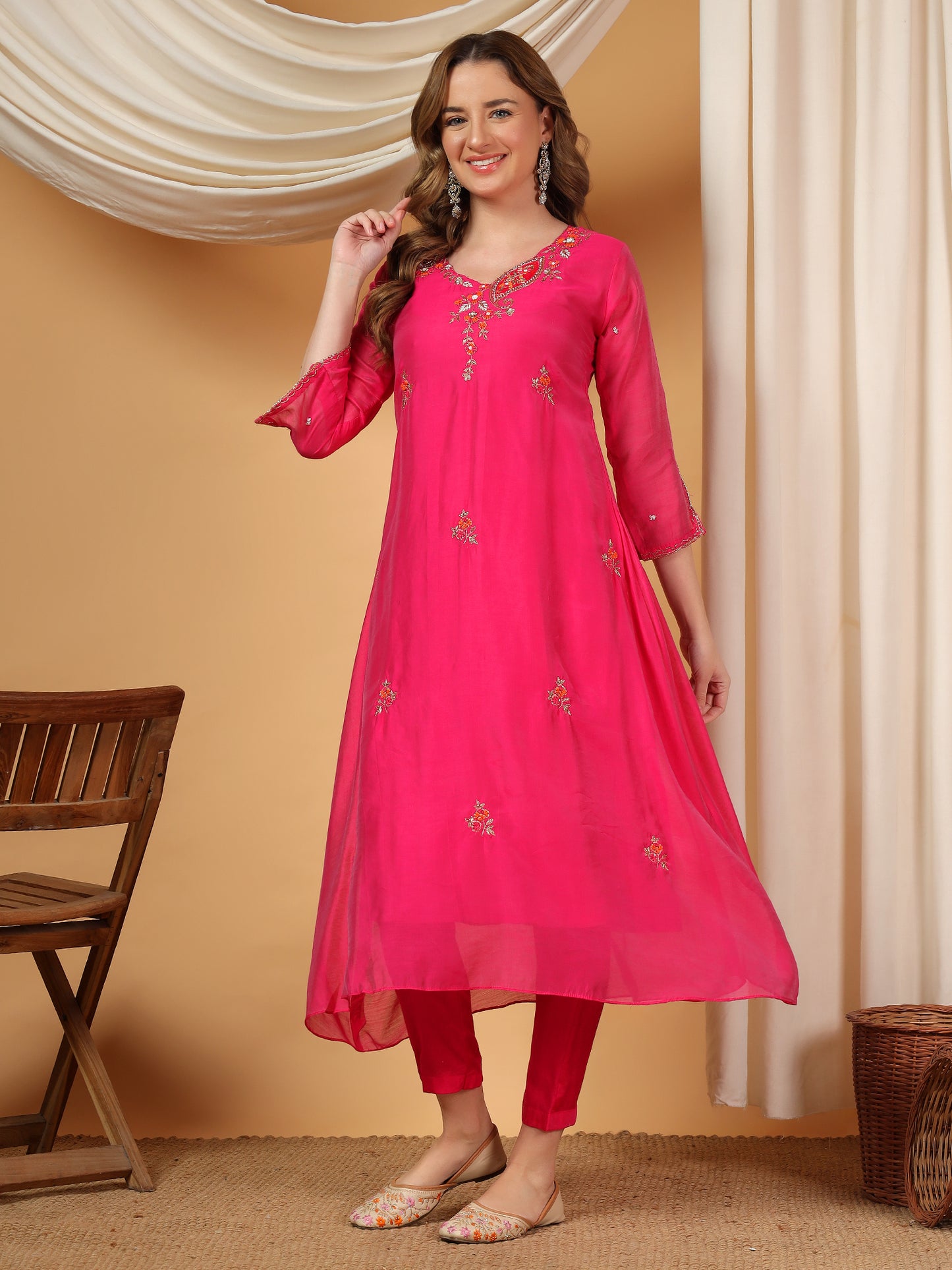Pink Designer Embroidered A Line kurta set with dupatta and Pant