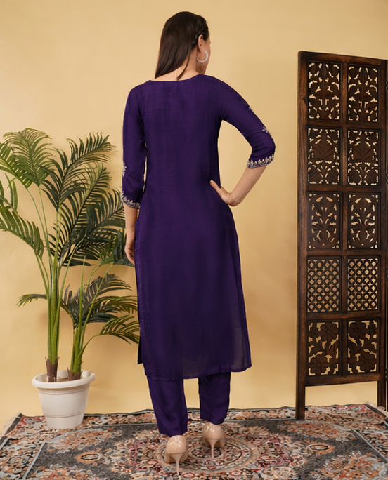 Purple Mirror Work Ethnic Embroidered Kurta Set with Dupatta & Pants - Prisachi Official