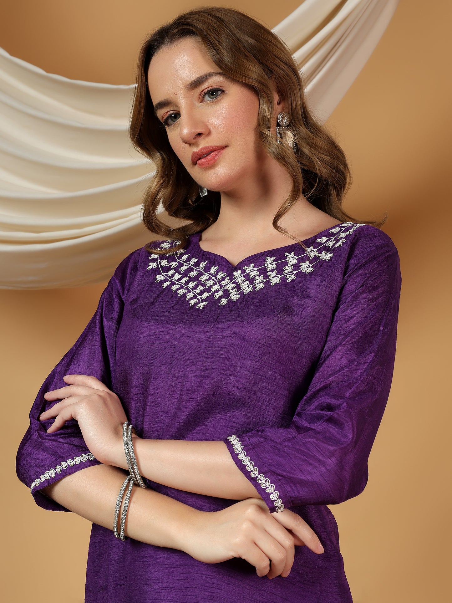 Purple Designer Embroidered Kurta set with dupatta & Pant