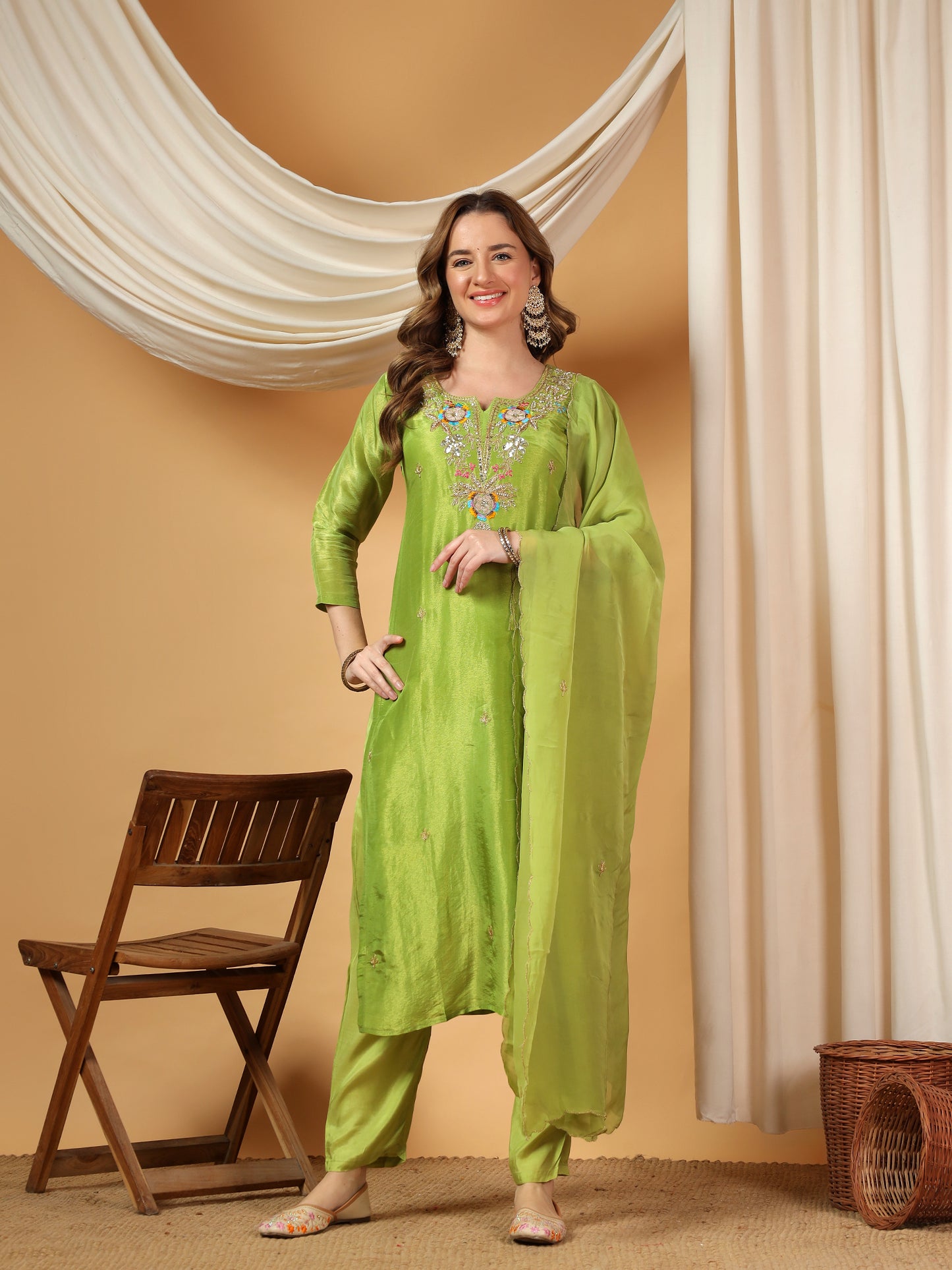 Green Designer Embroidered Kurta set with dupatta & Pant