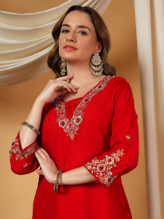 Red Designer Embroidered kurta set with dupatta & Pant