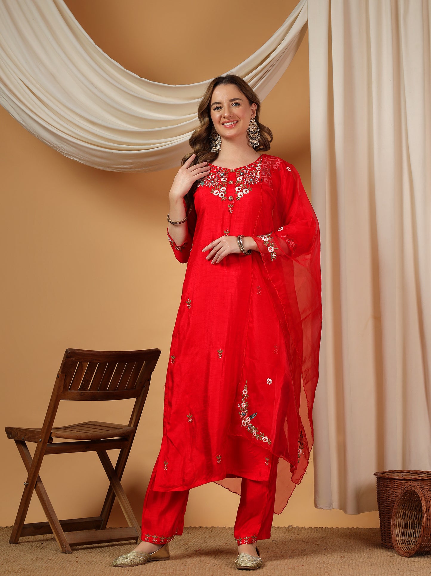 Red Designer Embroidered kurta set with pant & dupatta - Prisachi Official