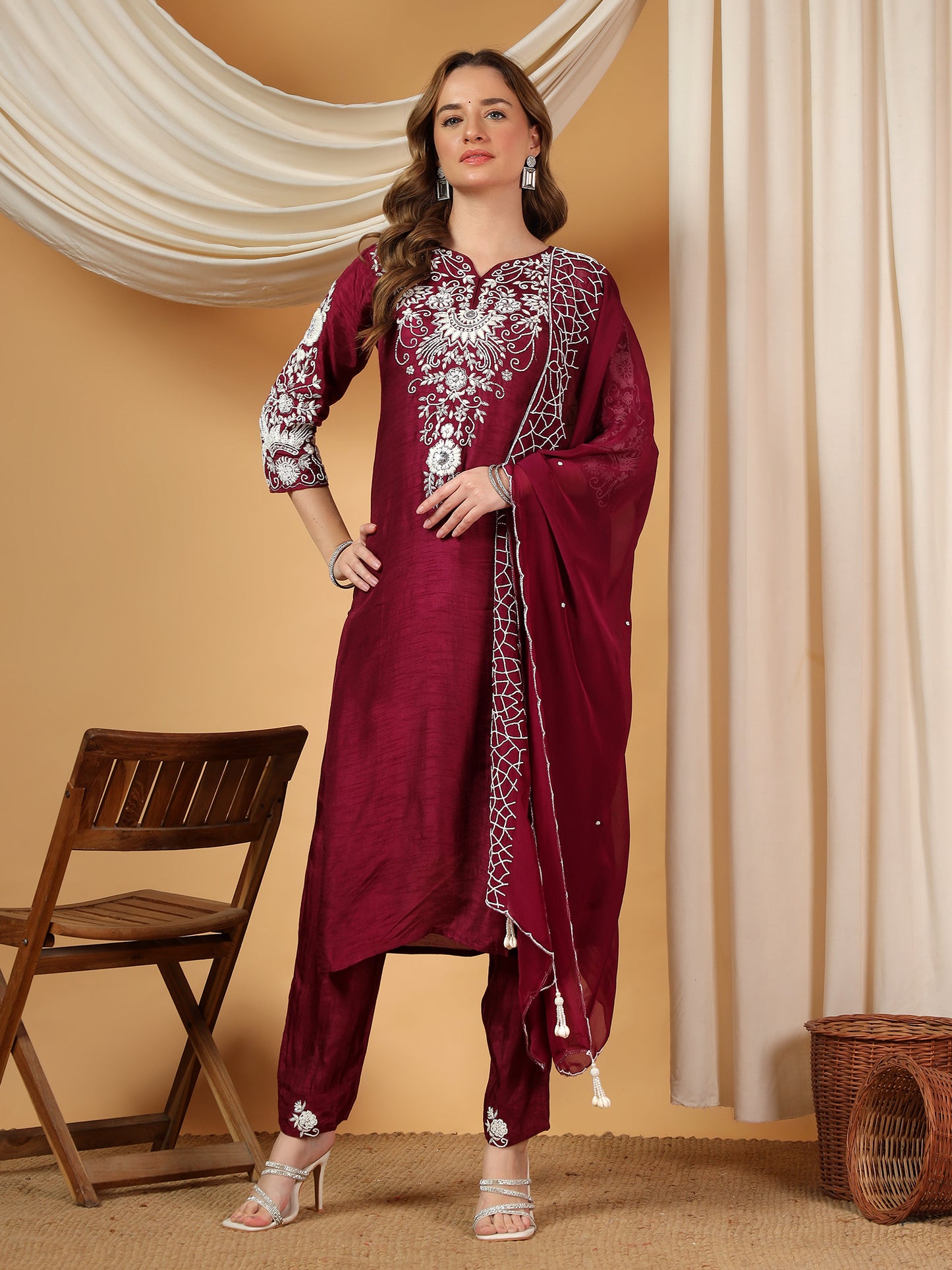 Wine Designer Embroidered Kurta set with dupatta & Pant