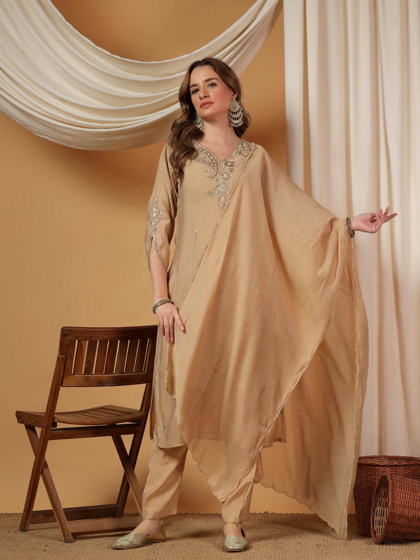 Beige Designer Embroidered kurta set with pant with dupatta