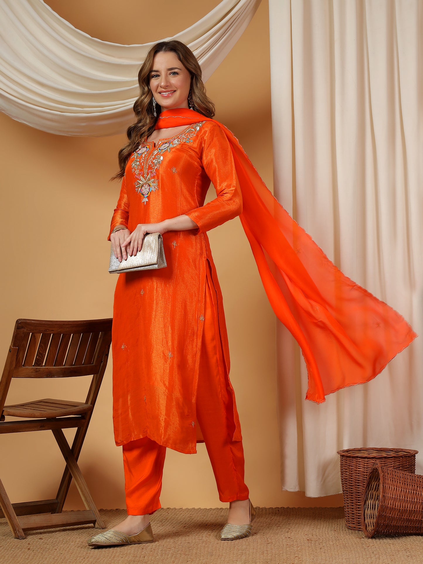 Orange Designer Embroidered Kurta set with dupatta & Pant
