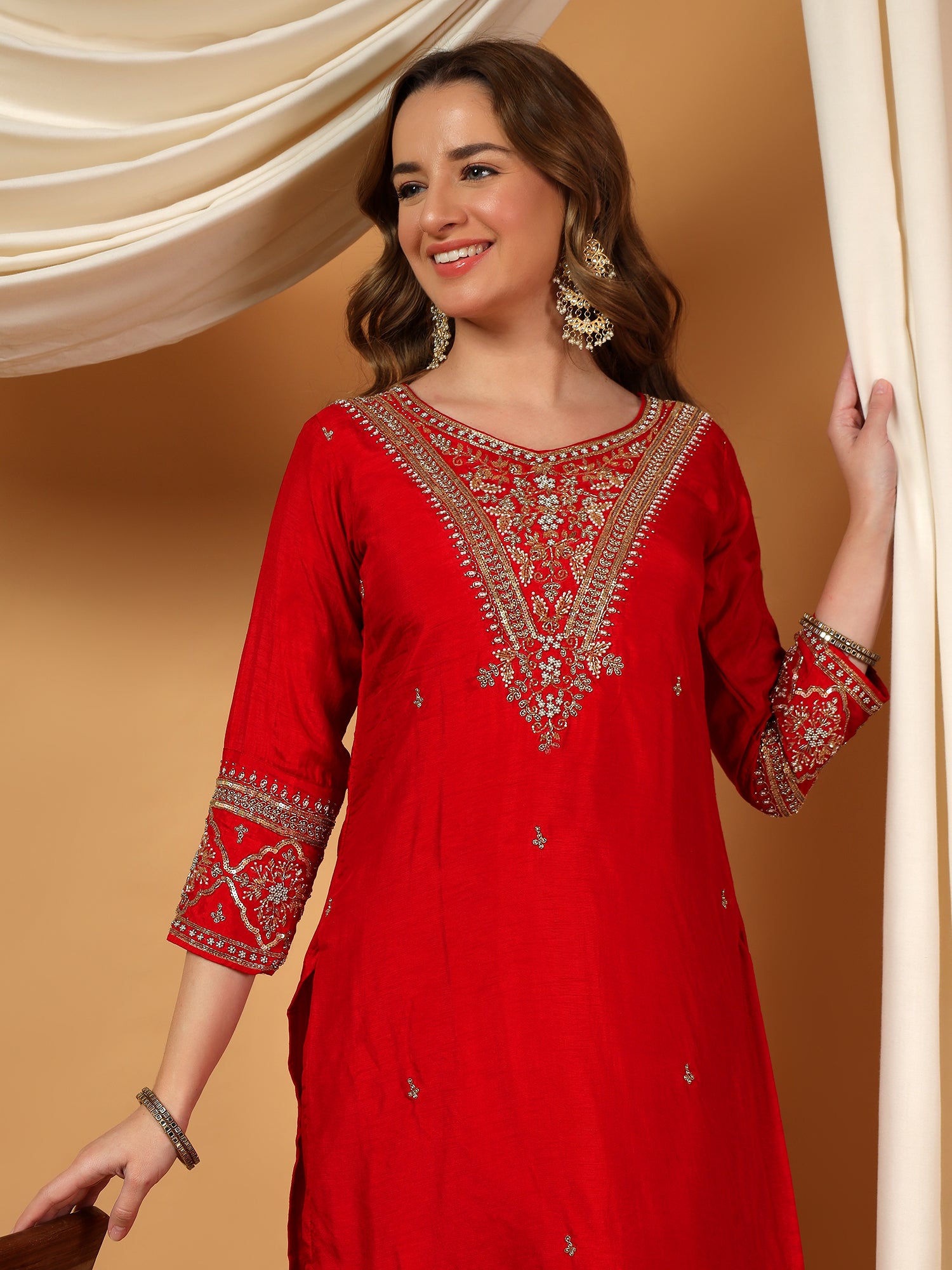 Red Designer Embroidered Kurta set with Banarasi dupatta with Pant - Prisachi Official
