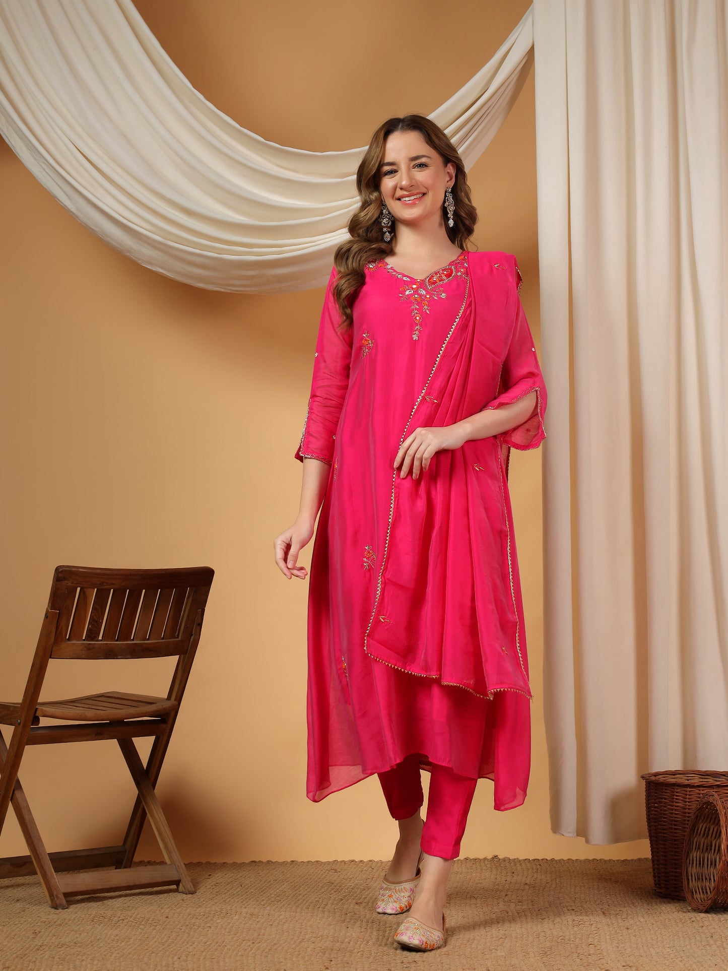 Pink Designer Embroidered A Line kurta set with dupatta and Pant