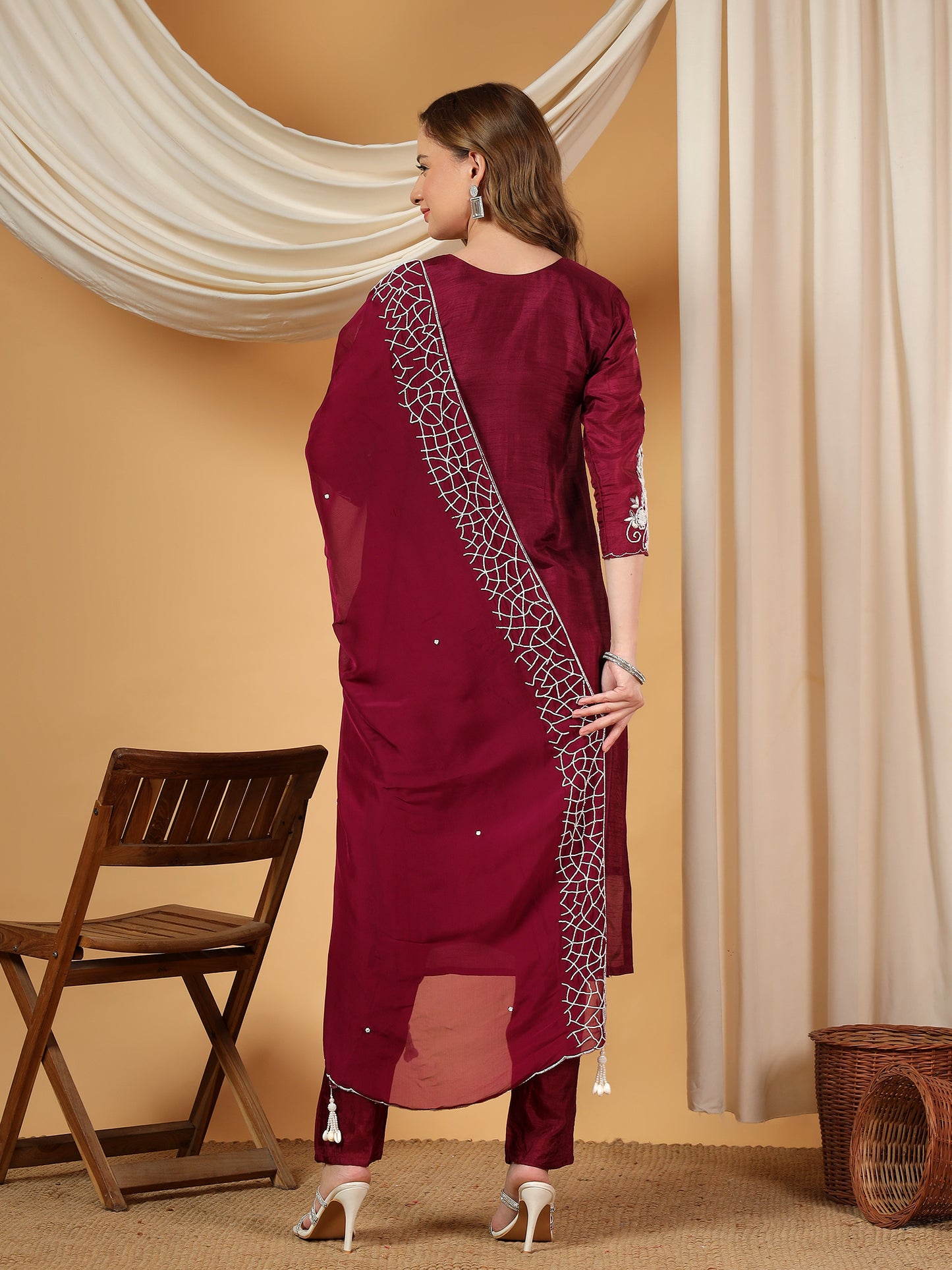 Wine Designer Embroidered Kurta set with dupatta & Pant