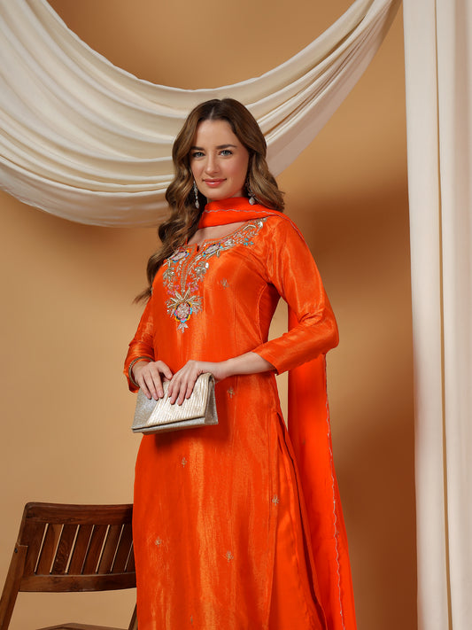Orange Designer Embroidered Kurta set with dupatta & Pant
