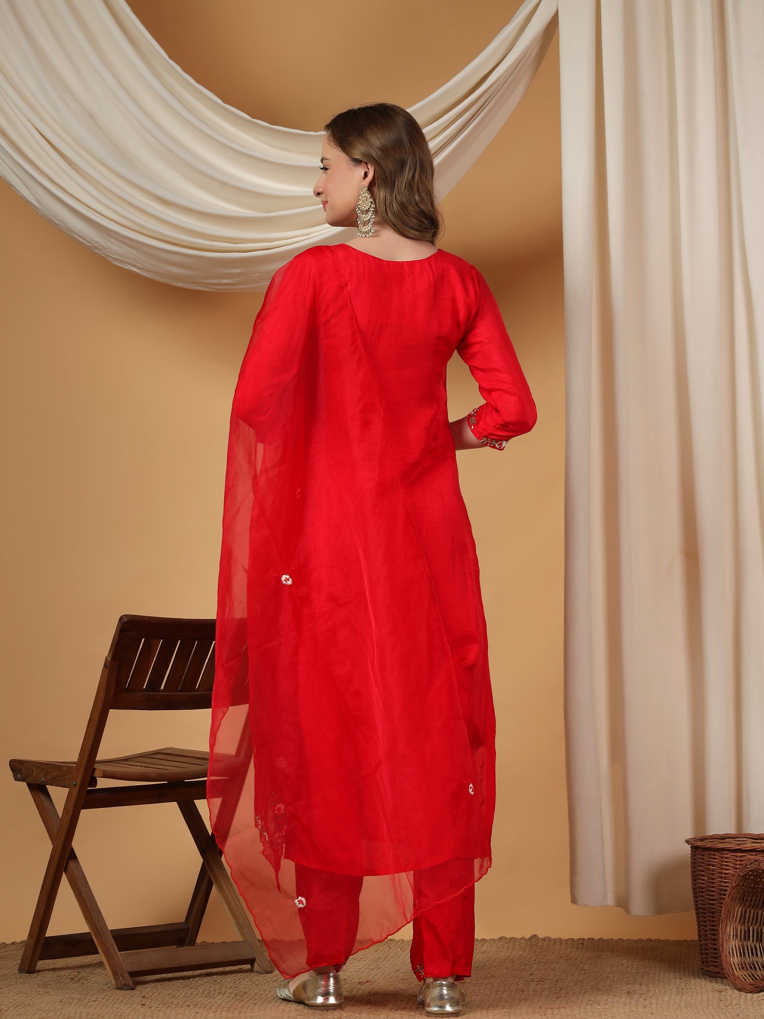 Red Designer Embroidered kurta set with pant & dupatta - Prisachi Official