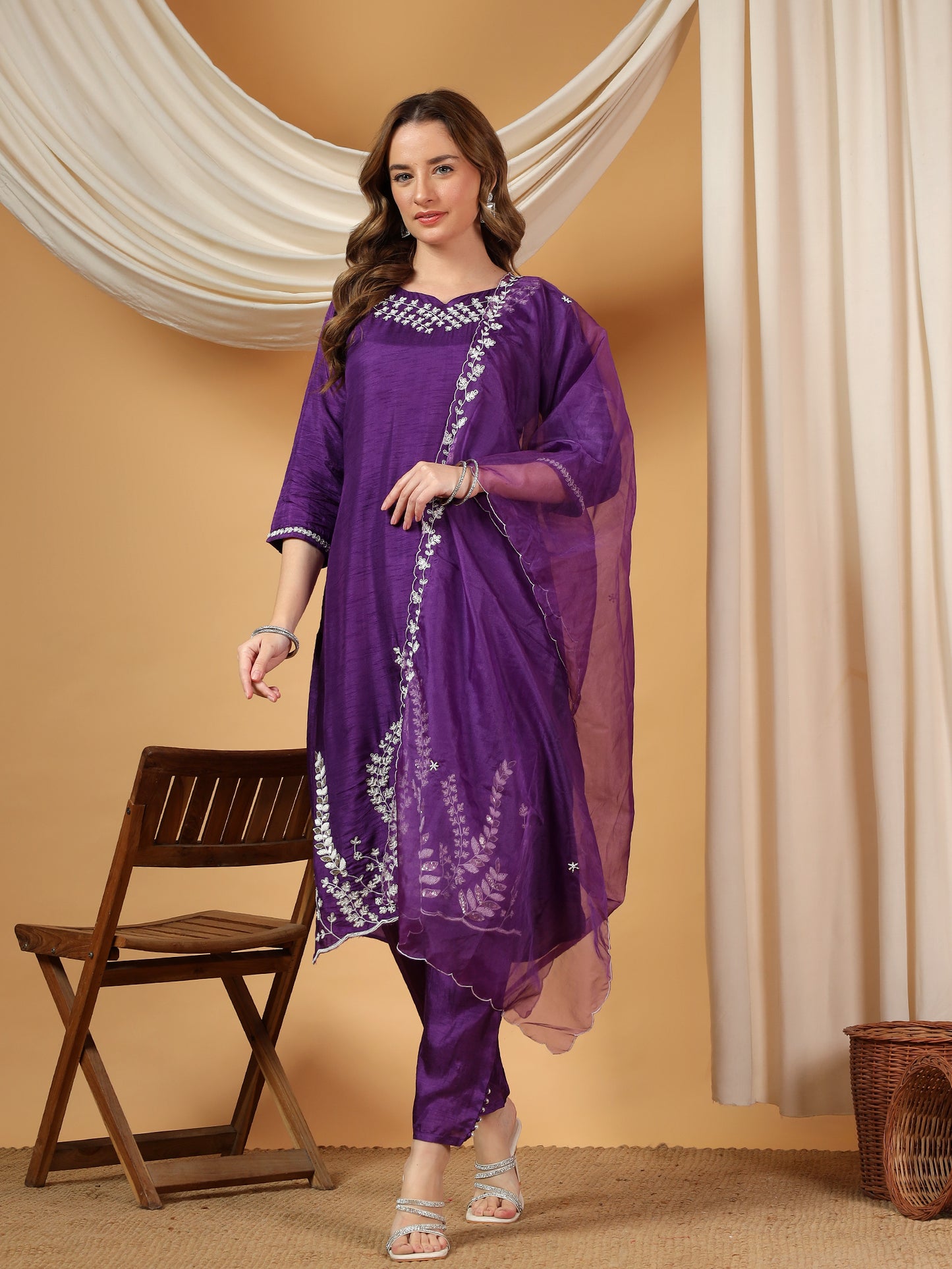 Purple Designer Embroidered Kurta set with dupatta & Pant