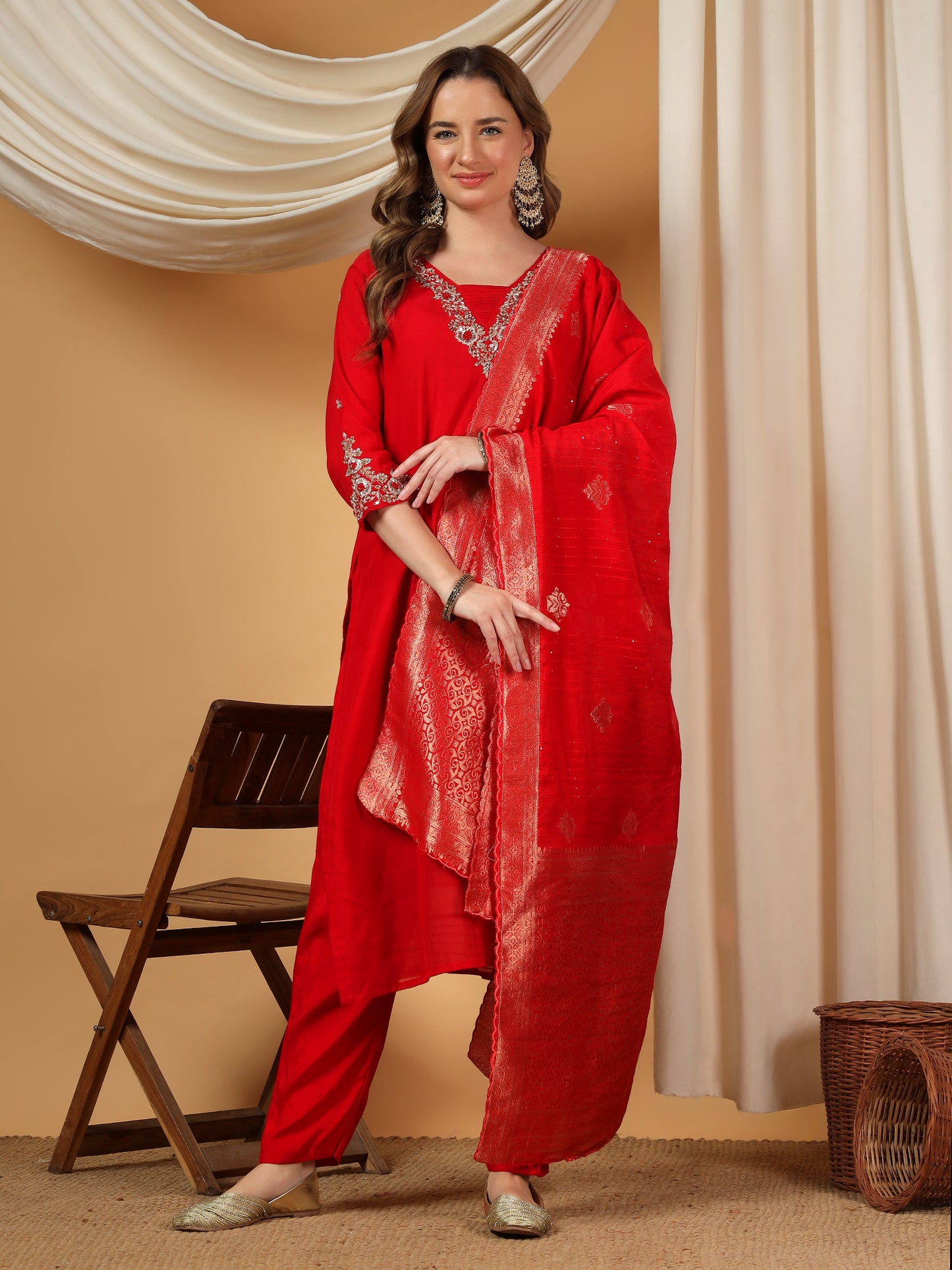 Red Designer Embroidered kurta set with dupatta & Pant - Prisachi Official