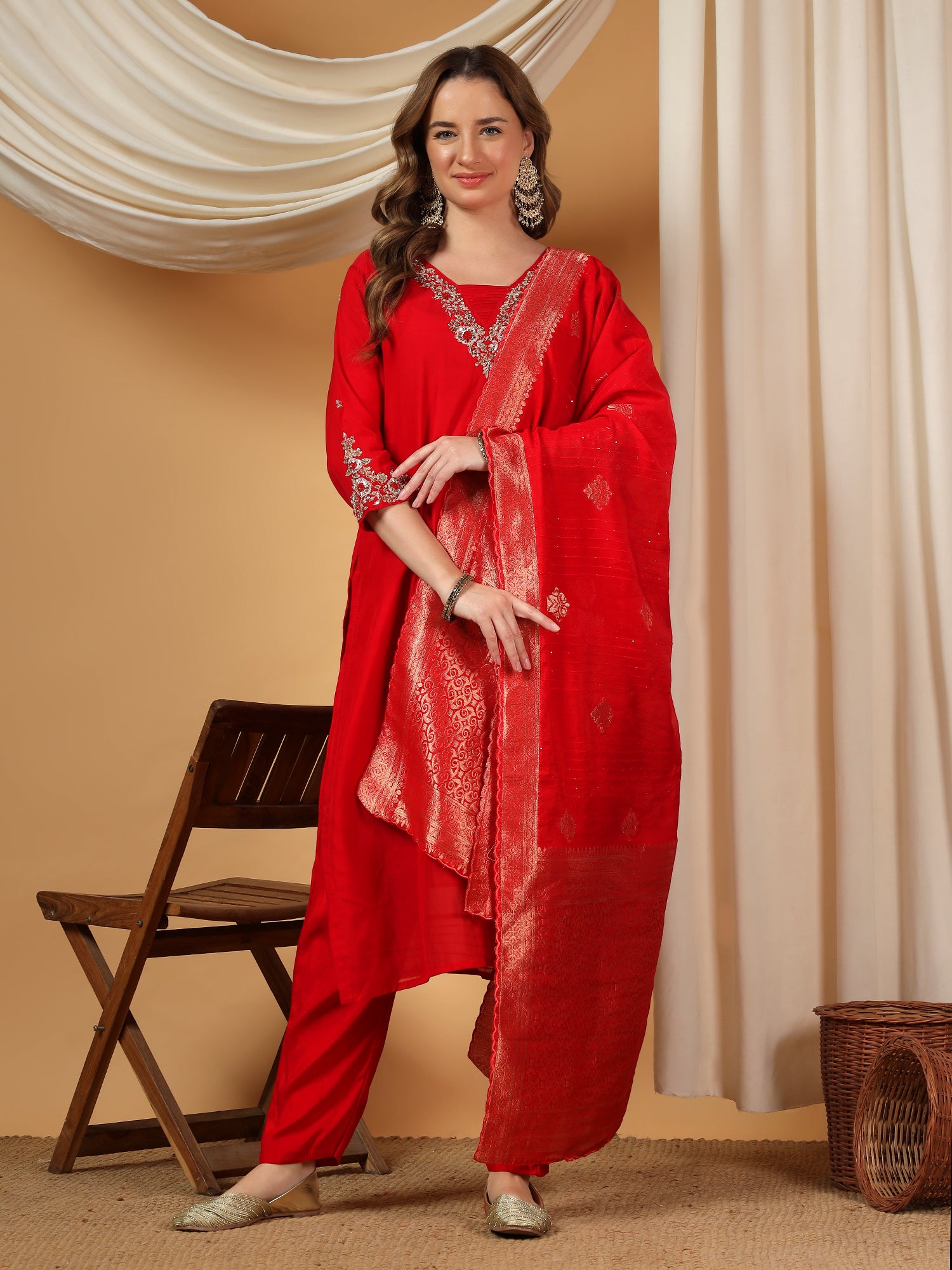 Red Designer Embroidered kurta set with dupatta & Pant - Prisachi Official