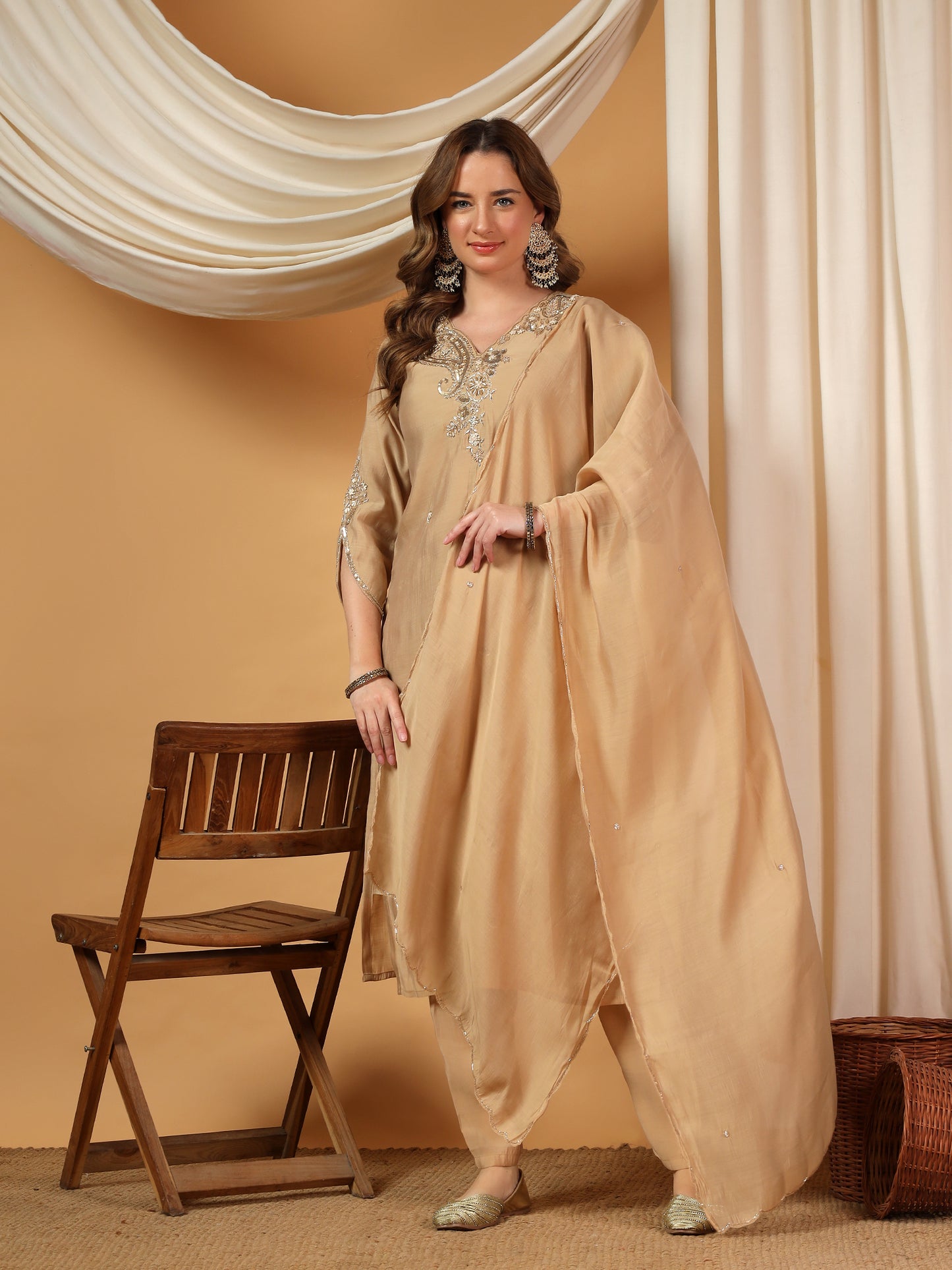 Beige Designer Embroidered kurta set with pant with dupatta