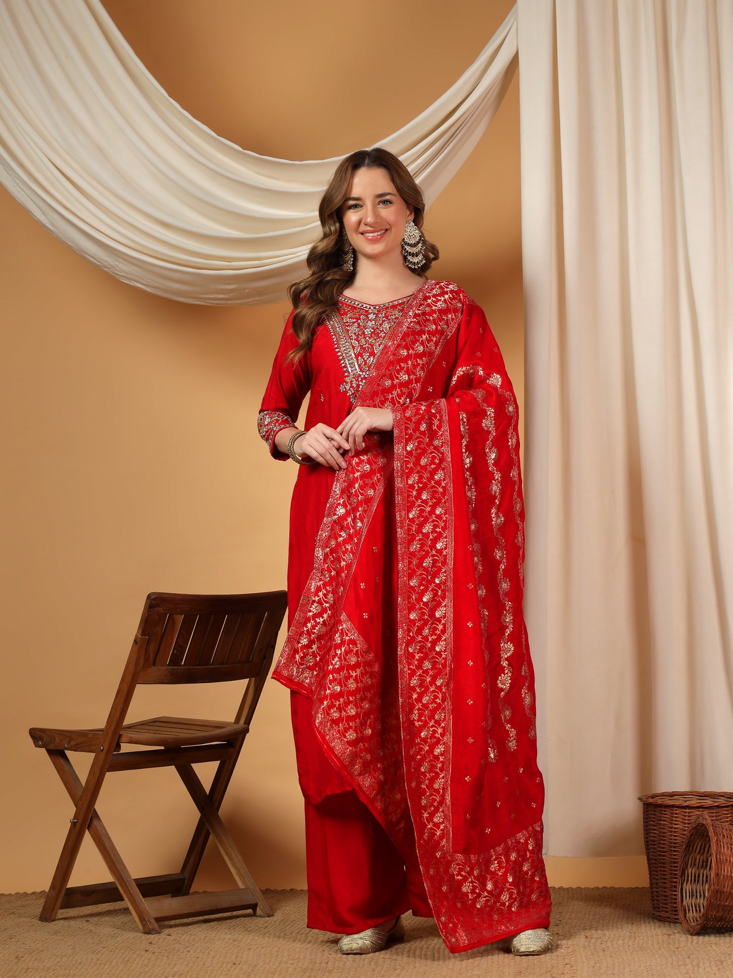 Red Designer Embroidered Kurta set with Banarasi dupatta with Pant - Prisachi Official
