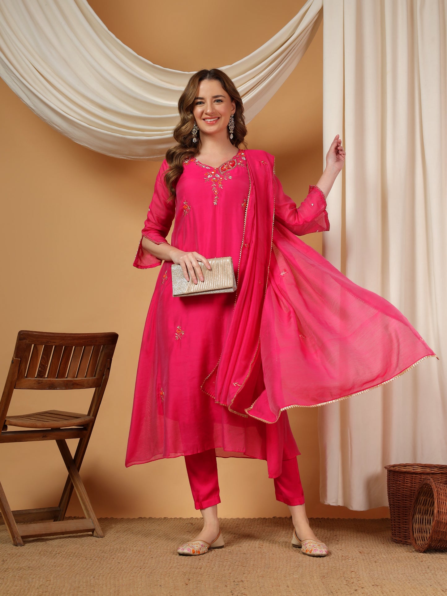 Pink Designer Embroidered A Line kurta set with dupatta and Pant