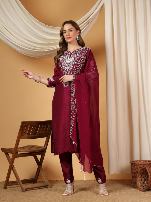 Wine Designer Embroidered Kurta set with dupatta & Pant