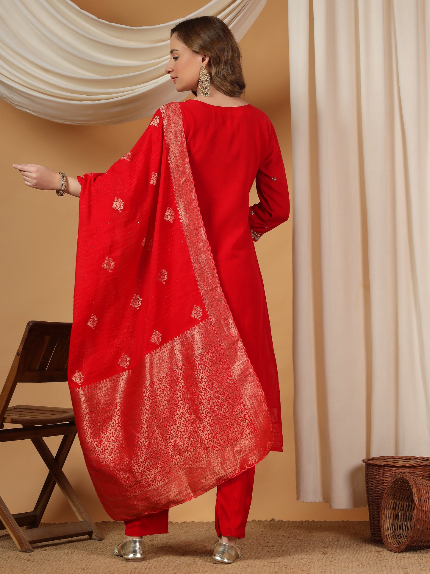Red Designer Embroidered kurta set with dupatta & Pant - Prisachi Official