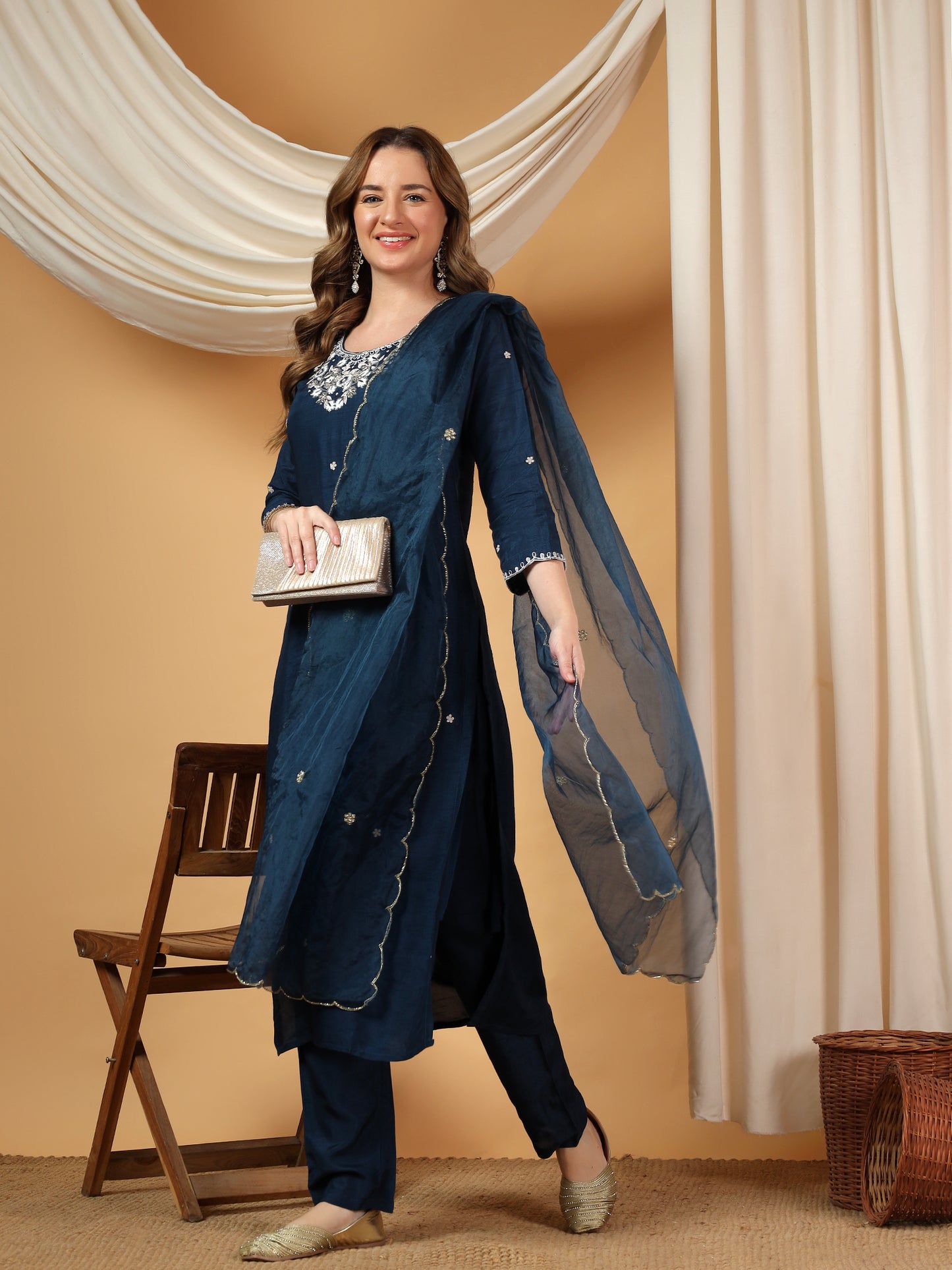Blue Designer Embroidered Kurta set with dupatta with Pant