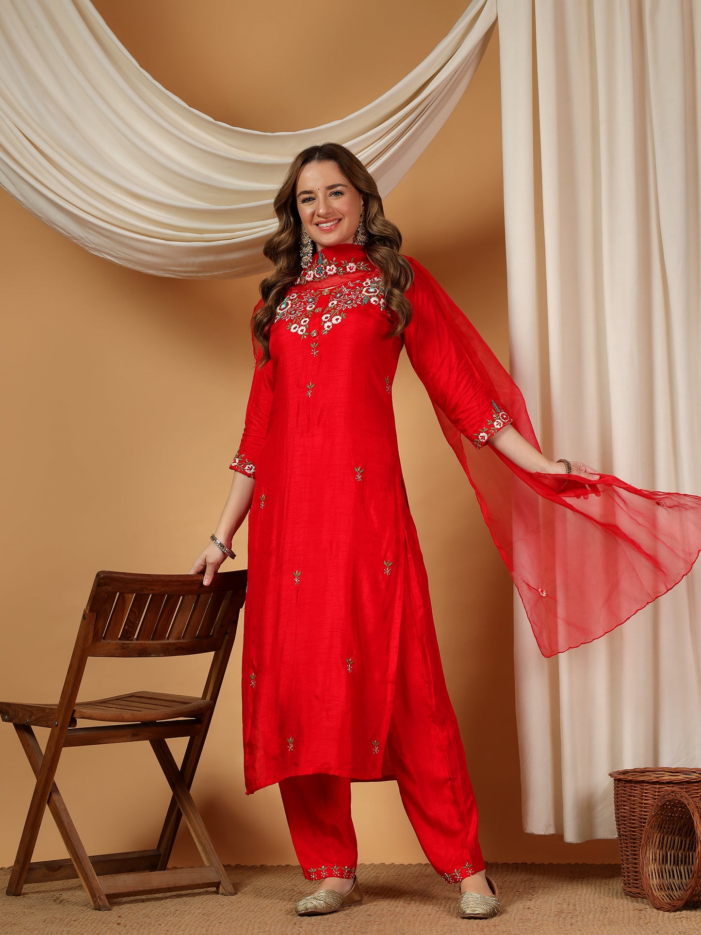 Red Designer Embroidered kurta set with pant & dupatta - Prisachi Official