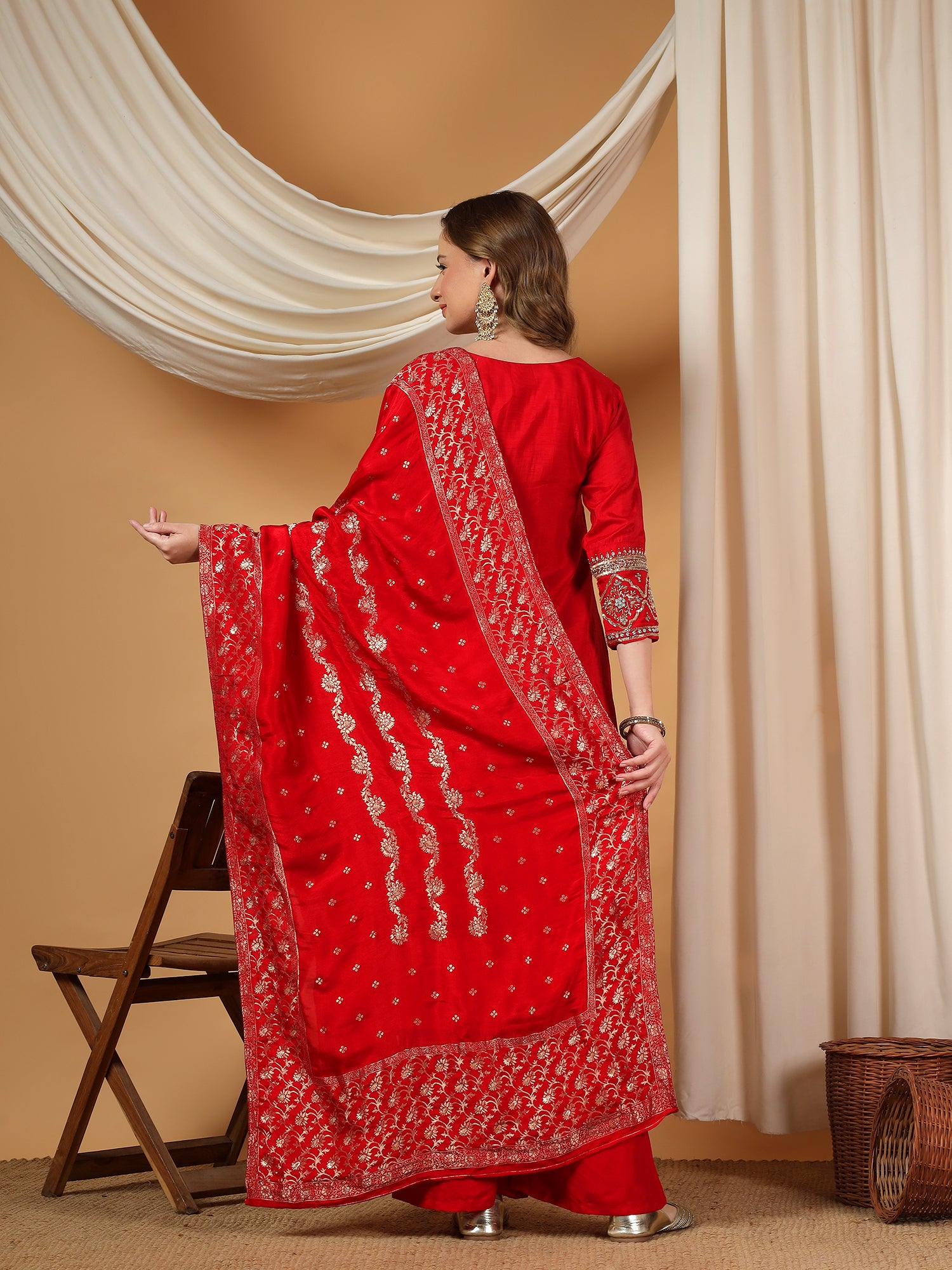 Red Designer Embroidered Kurta set with Banarasi dupatta with Pant - Prisachi Official