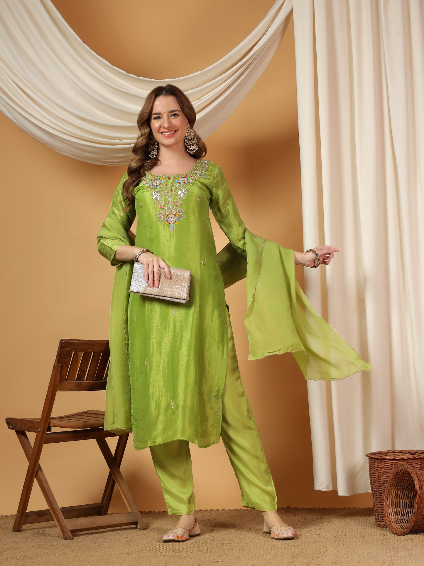 Green Designer Embroidered Kurta set with dupatta & Pant