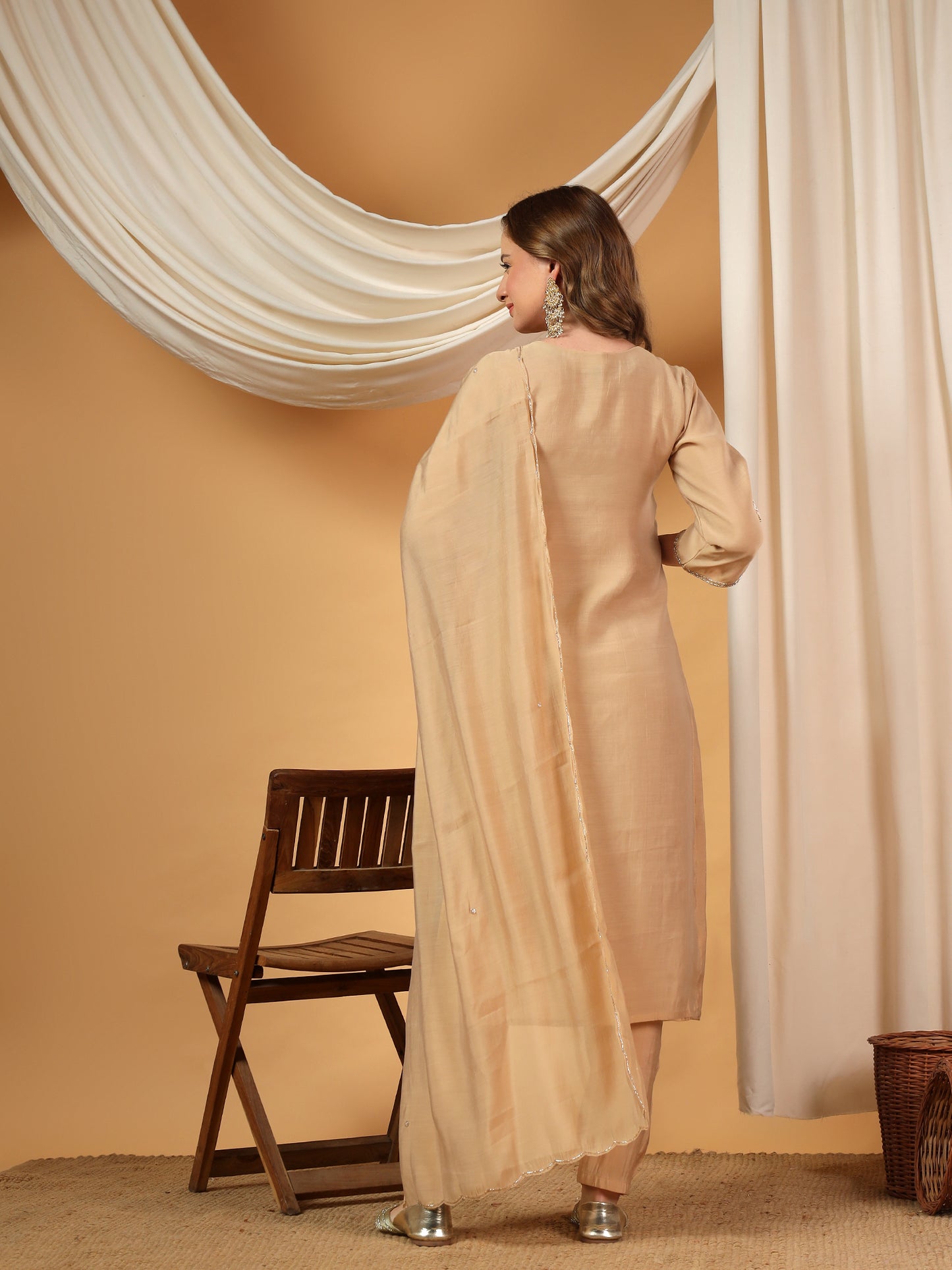 Beige Designer Embroidered kurta set with pant with dupatta