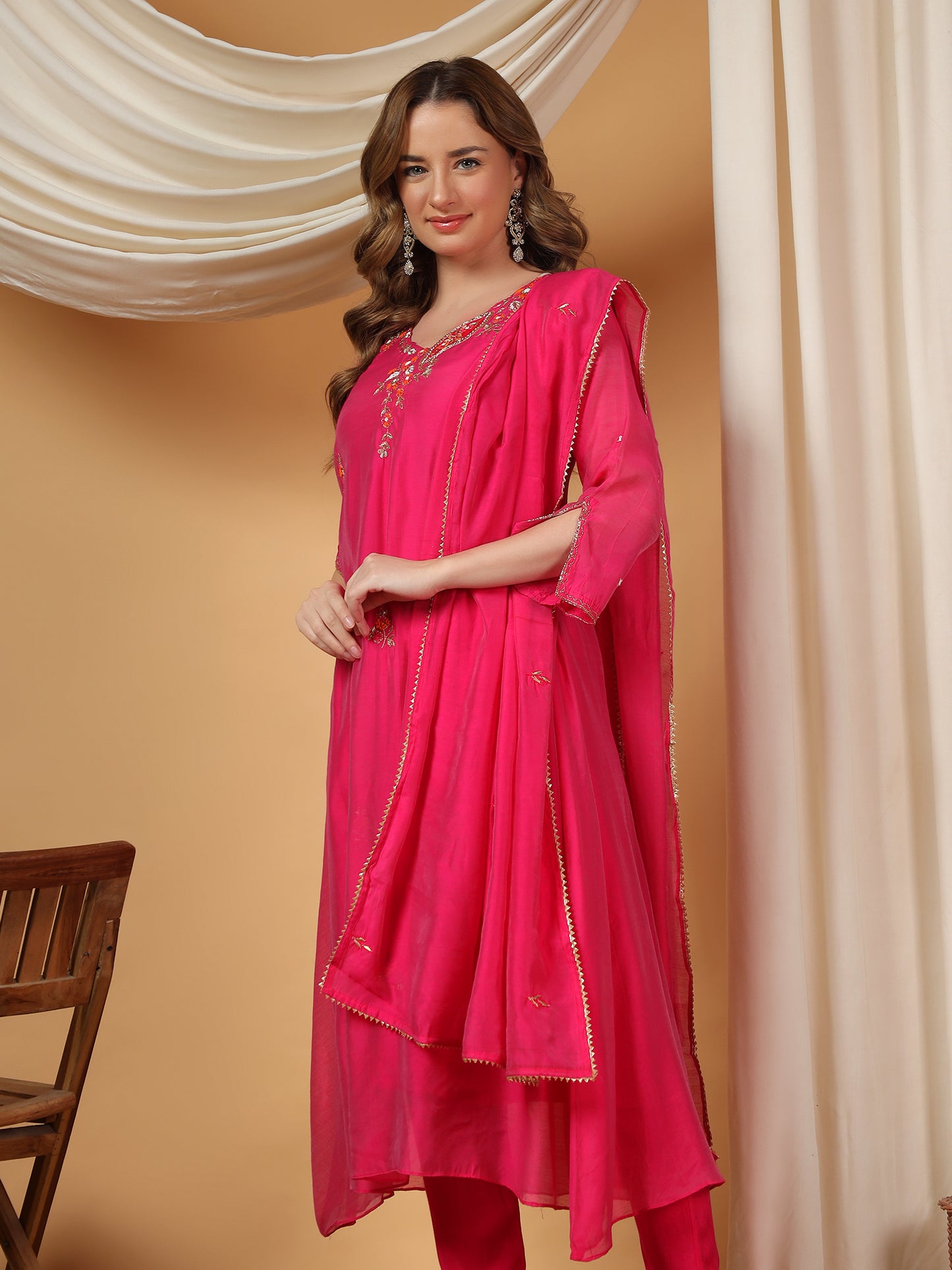 Pink Designer Embroidered A Line kurta set with dupatta and Pant