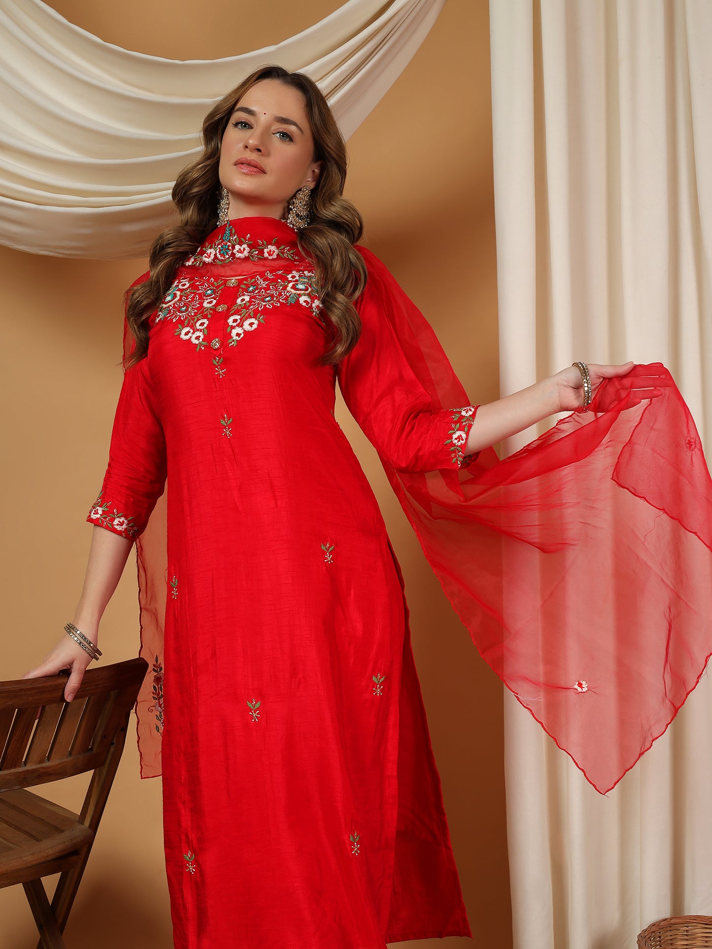 Red Designer Embroidered kurta set with pant & dupatta - Prisachi Official
