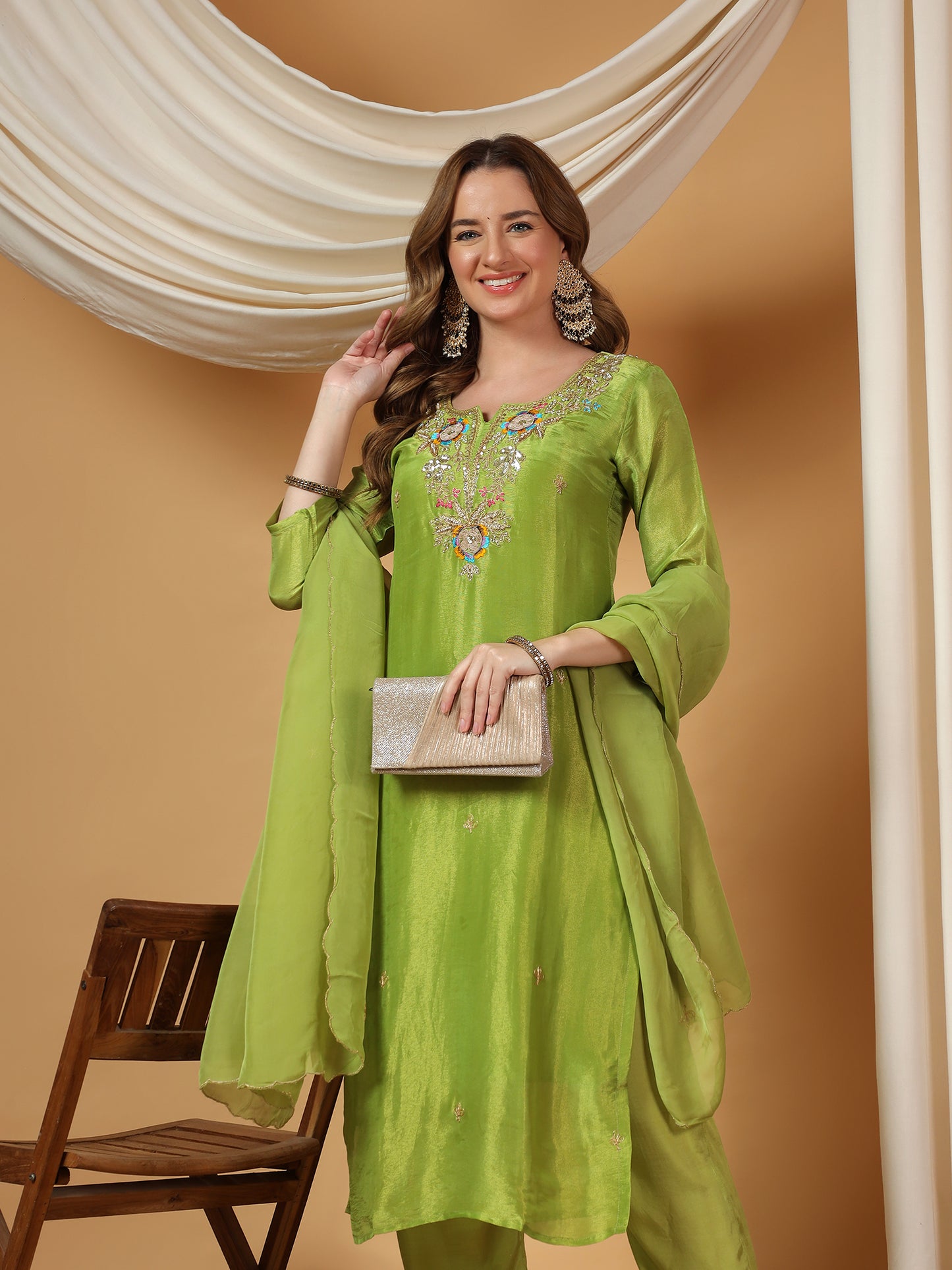 Green Designer Embroidered Kurta set with dupatta & Pant