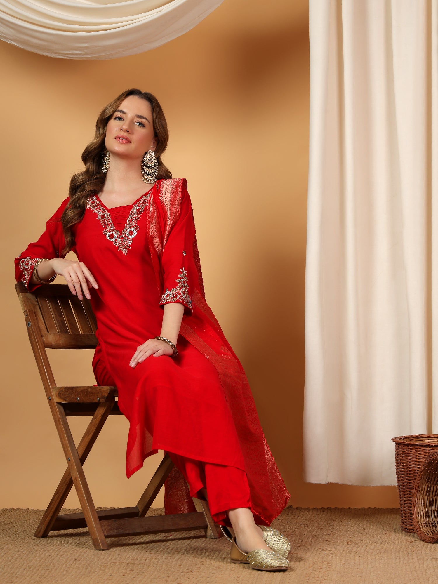 Red Designer Embroidered kurta set with dupatta & Pant - Prisachi Official