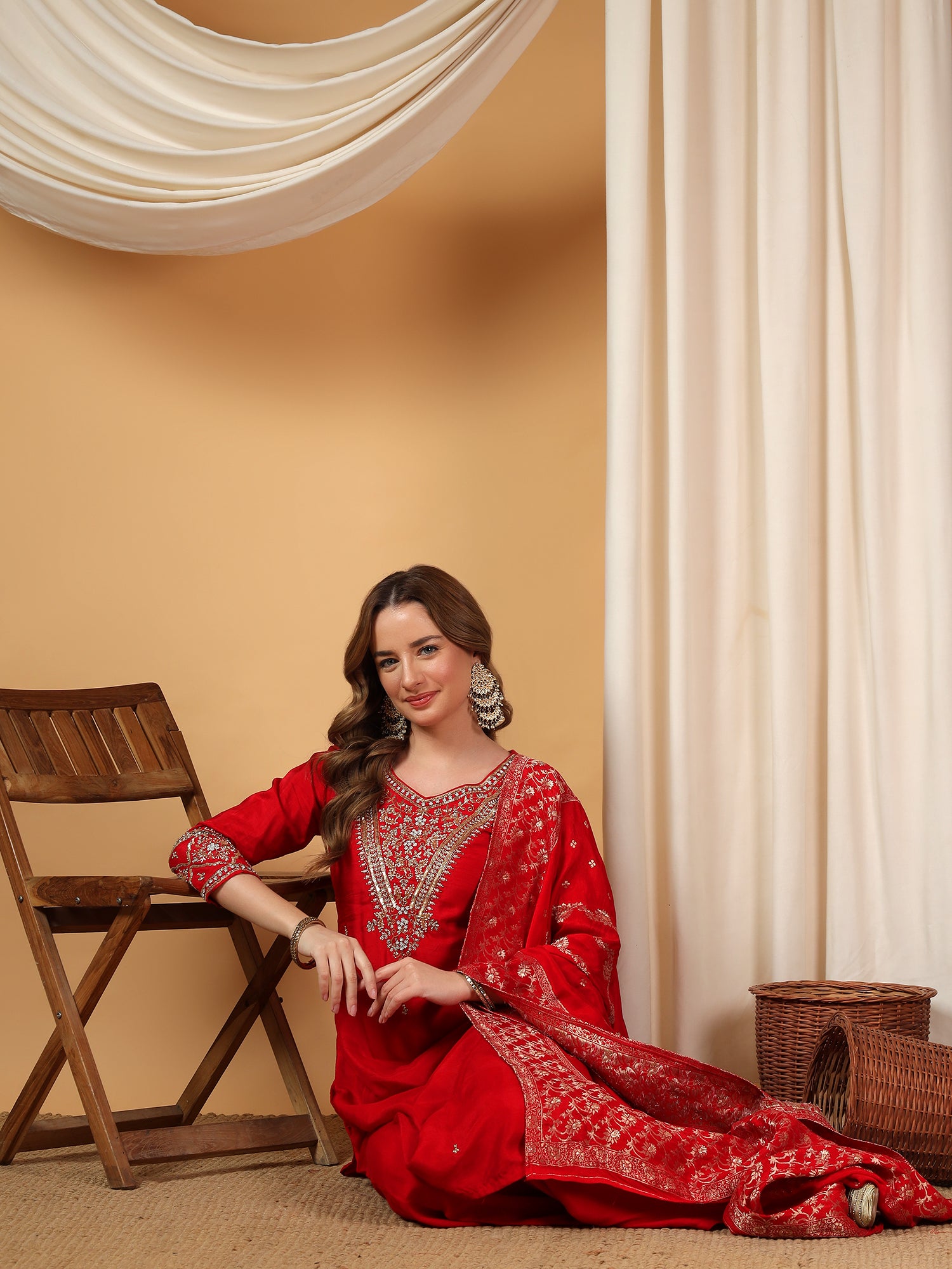 Red Designer Embroidered Kurta set with Banarasi dupatta with Pant - Prisachi Official