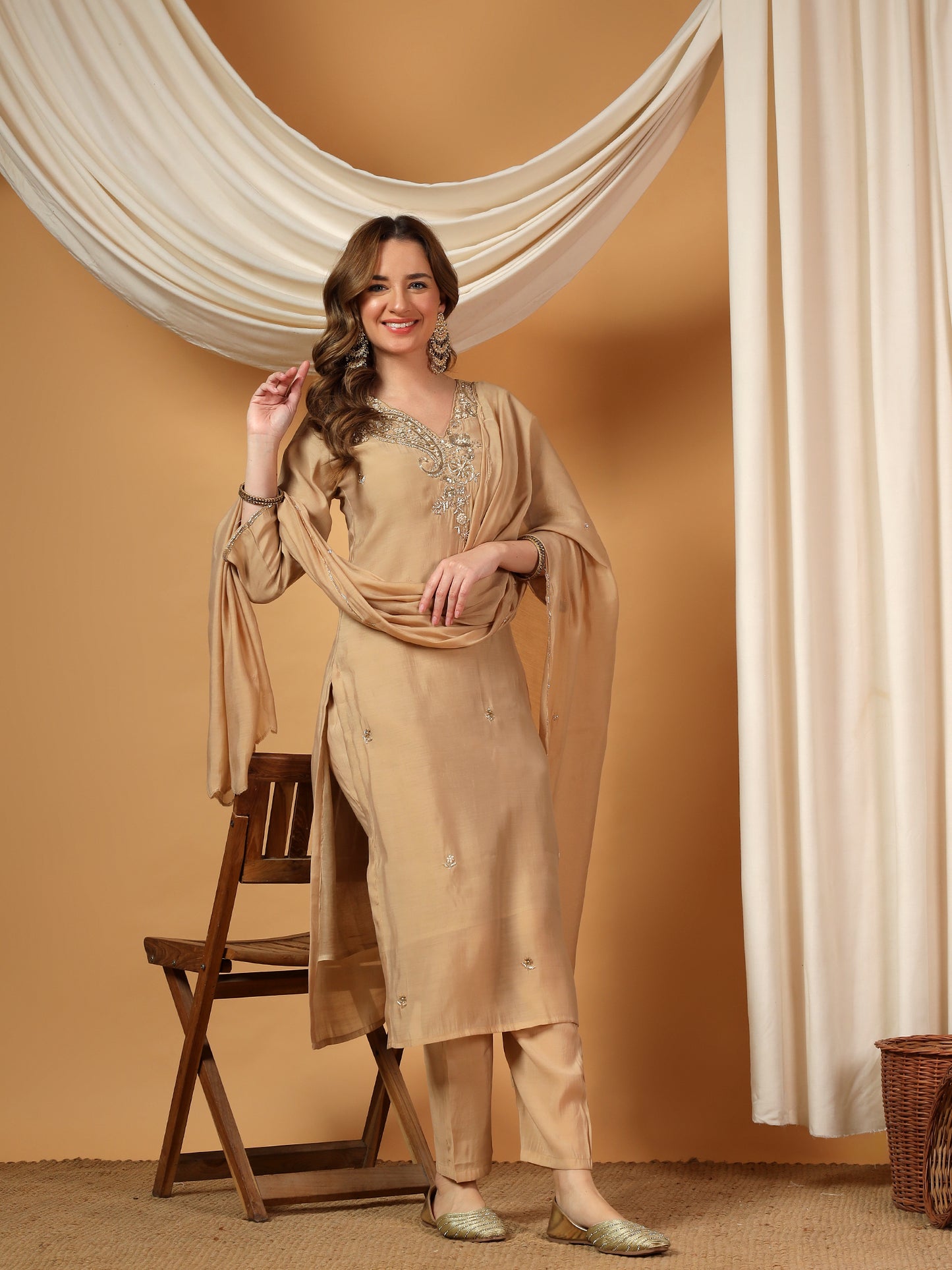 Beige Designer Embroidered kurta set with pant with dupatta